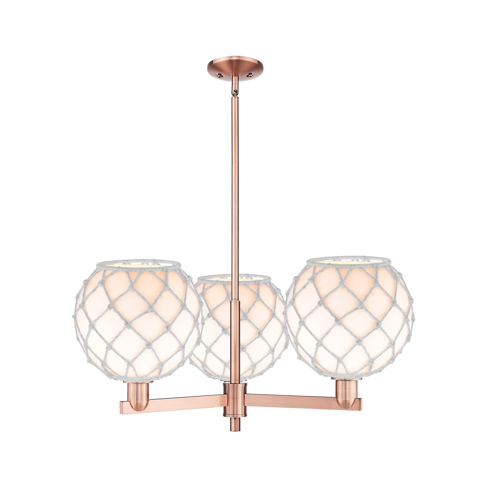 Innovations Farmhouse Rope 32in 3-Light Pendant | Industrial Antique Copper Steel and White Glass with Rope | Kitchen Island | Model 716-3CR-AC-G121-10RW