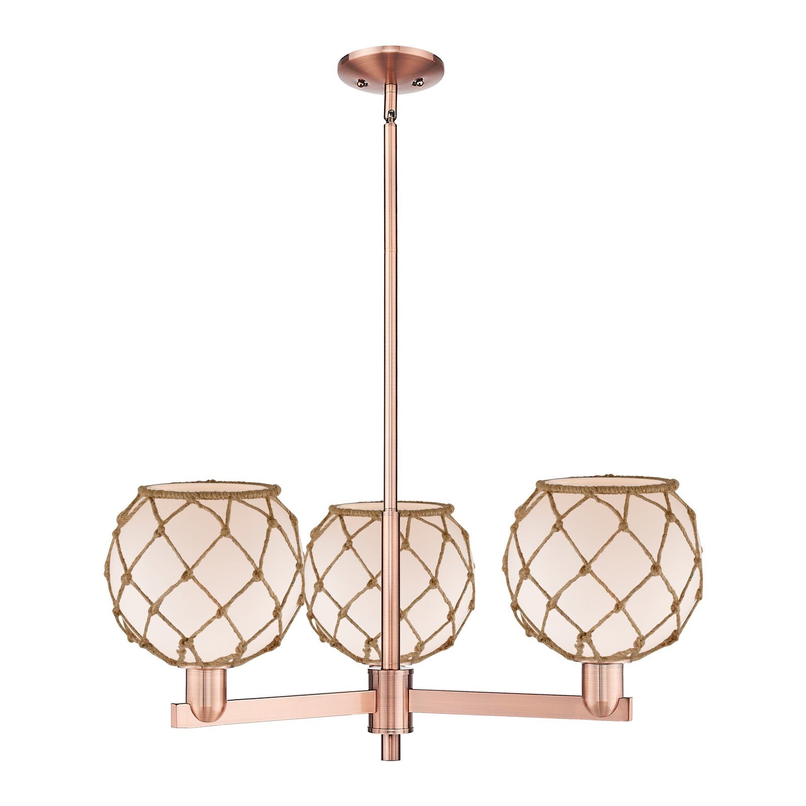 Innovations Farmhouse Rope 30in 3-Light Pendant | Industrial Antique Copper Steel and White Glass with Brown Rope | Kitchen | Model 716-3CR-AC-G121-8RB
