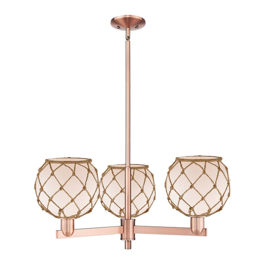 Innovations Farmhouse Rope 30in 3-Light Pendant | Industrial Antique Copper Steel and White Glass with Brown Rope | Kitchen | Model 716-3CR-AC-G121-8RB