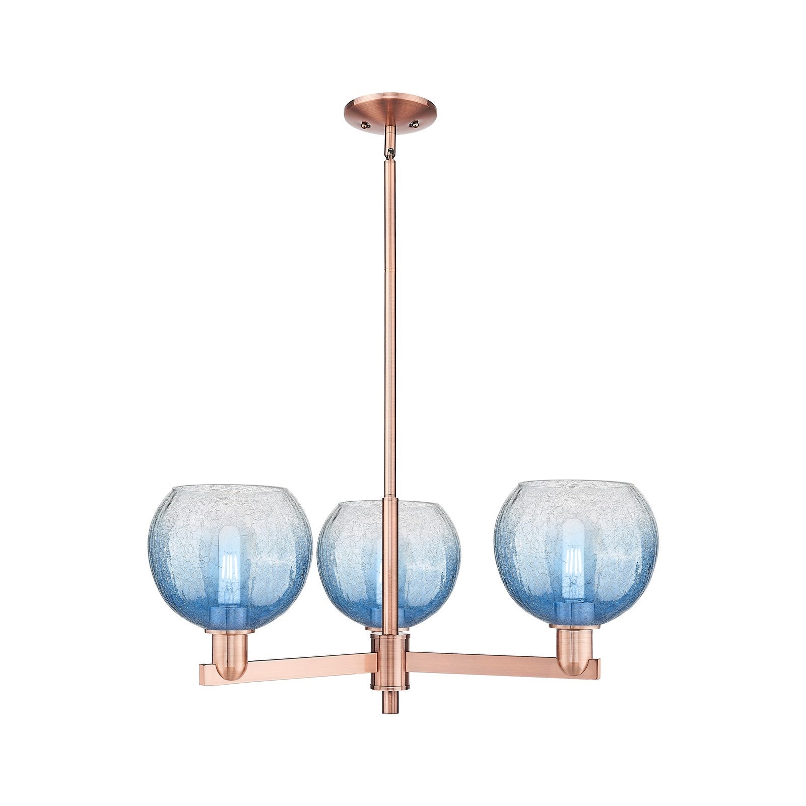 Innovations Brookhaven Globe 30in 3-Light Pendant | Industrial Antique Copper Steel and Sapphire Blue Glass | Kitchen Island & | Model 716-3CR-AC-G483-8SB
