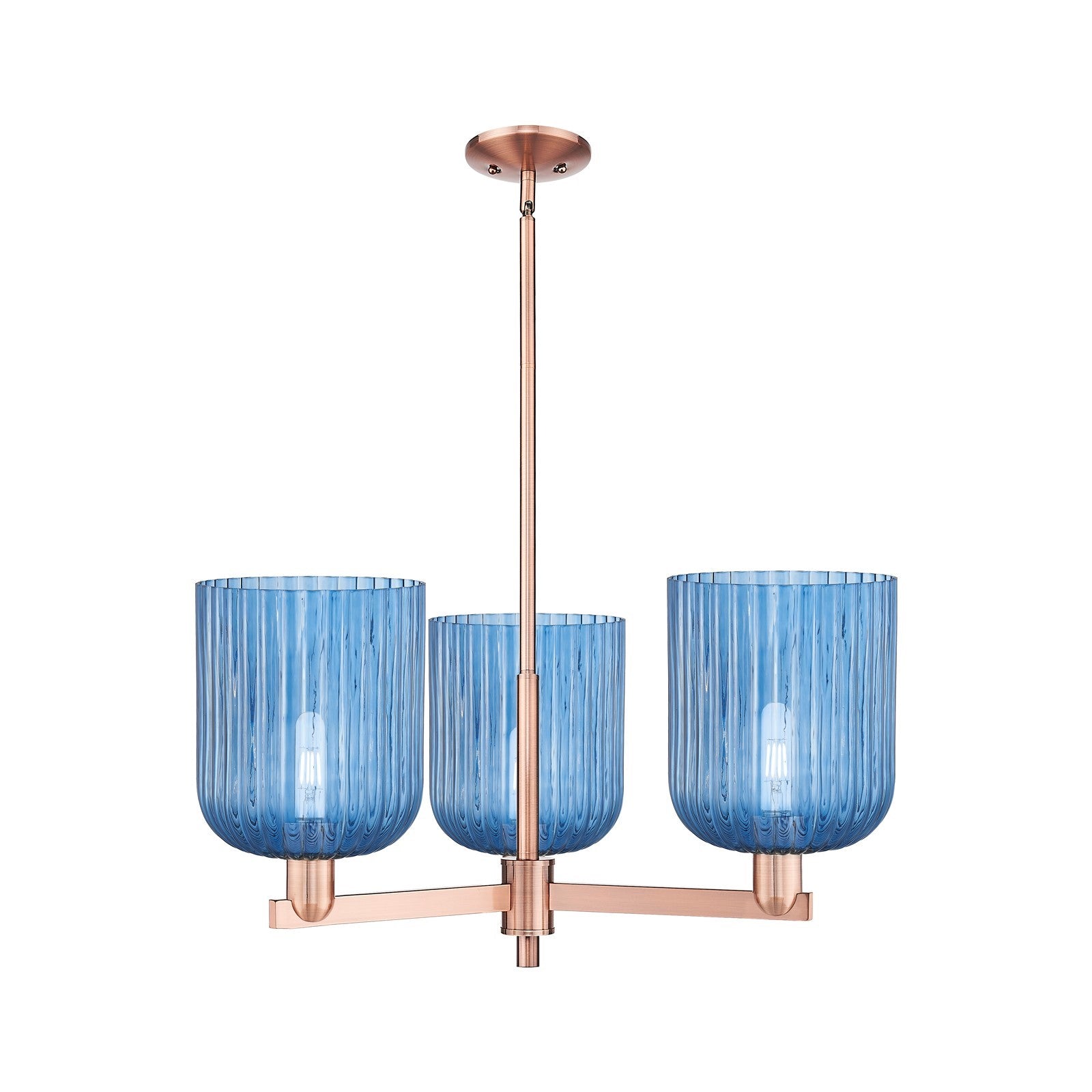 Innovations Bridal Veil 30in 3-Light Pendant | Industrial Antique Copper Steel and Princess Blue Ribbed Glass | Kitchen Island | Model 716-3CR-AC-G559-8BL