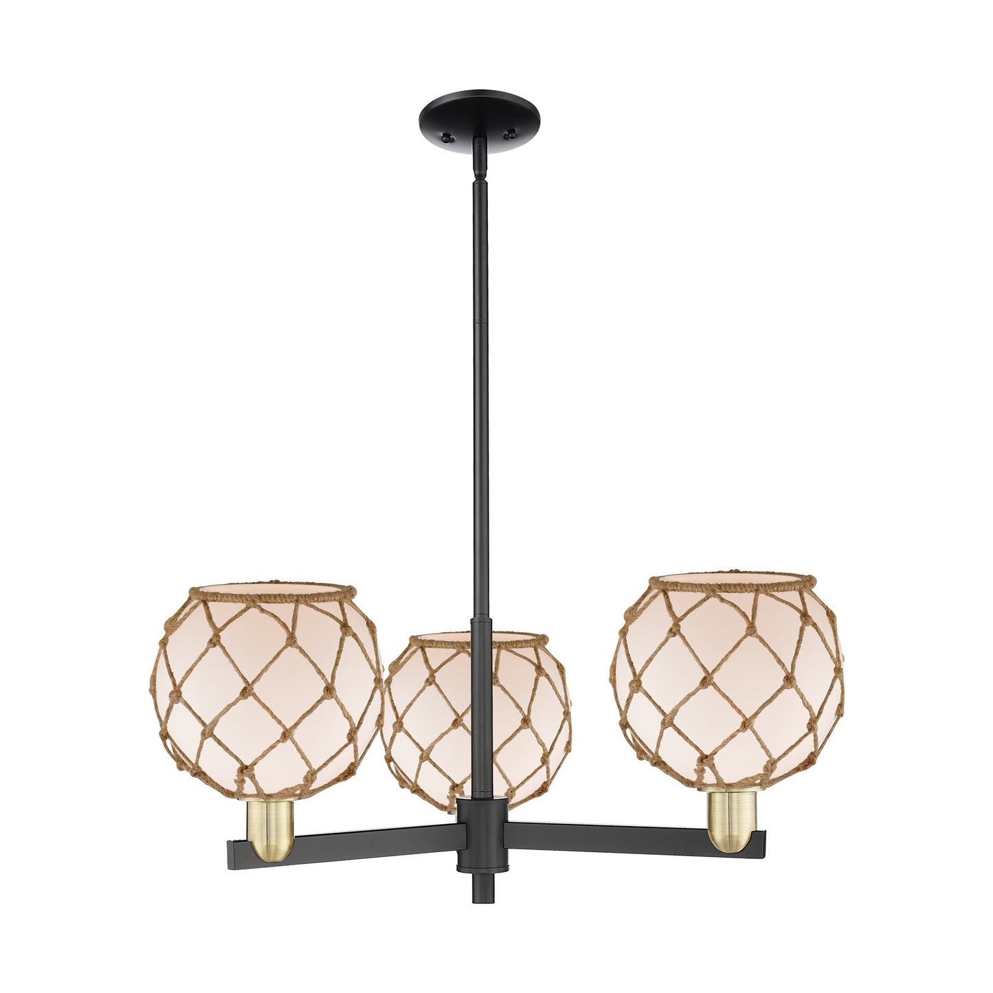 Innovations Farmhouse Rope 30in 3-Light Pendant | Industrial Black Antique Brass and White Frosted Glass with Brown Rope | Model 716-3CR-BAB-G121-8RB