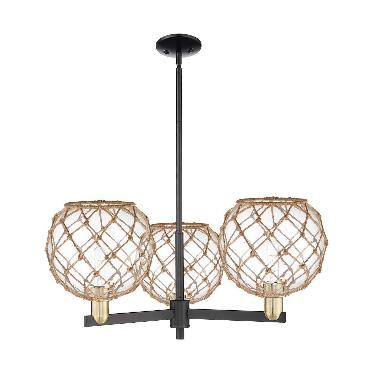 Innovations Farmhouse Rope 32in 3-Light Pendant | Industrial Black Antique Brass Steel and Clear Glass with Brown Rope | Model 716-3CR-BAB-G122-10RB