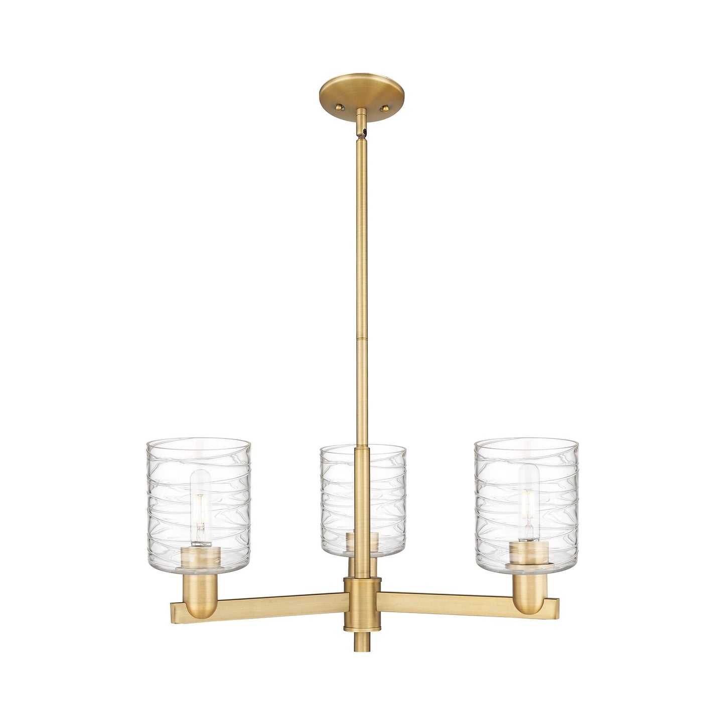 Innovations Cobbleskill 27in 3-Light Pendant | Industrial Brushed Brass Steel and Deco Swirl Clear Glass | Kitchen Island & | Model 716-3CR-BB-G1113
