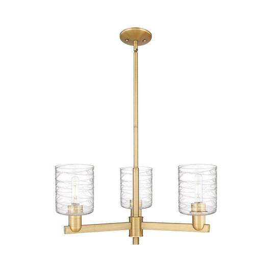 Innovations Cobbleskill 27in 3-Light Pendant | Industrial Brushed Brass Steel and Deco Swirl Clear Glass | Kitchen Island & | Model 716-3CR-BB-G1113