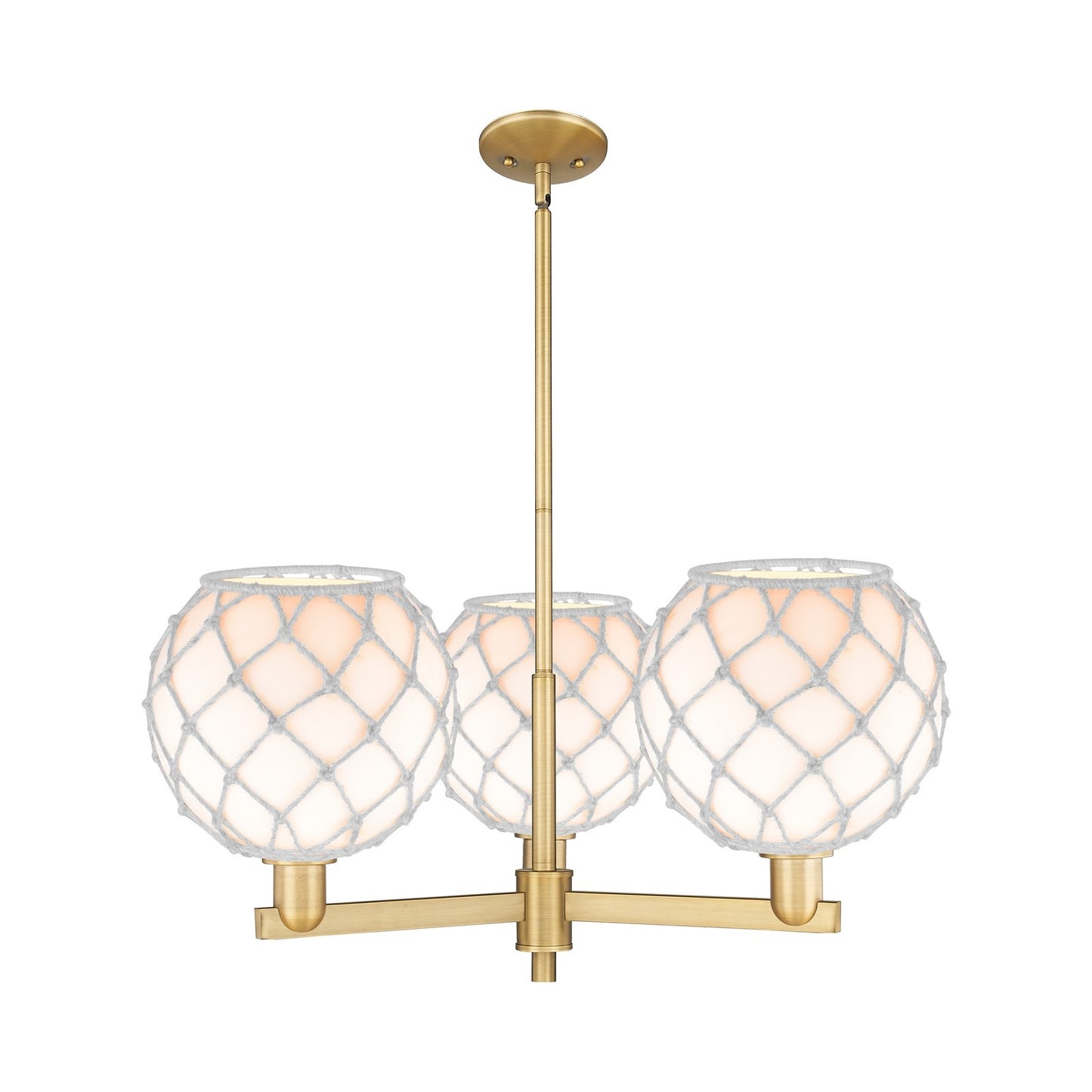 Innovations Farmhouse Rope 32in 3-Light Pendant | Industrial Brushed Brass Steel and White Glass with Rope | Kitchen Island & | Model 716-3CR-BB-G121-10RW