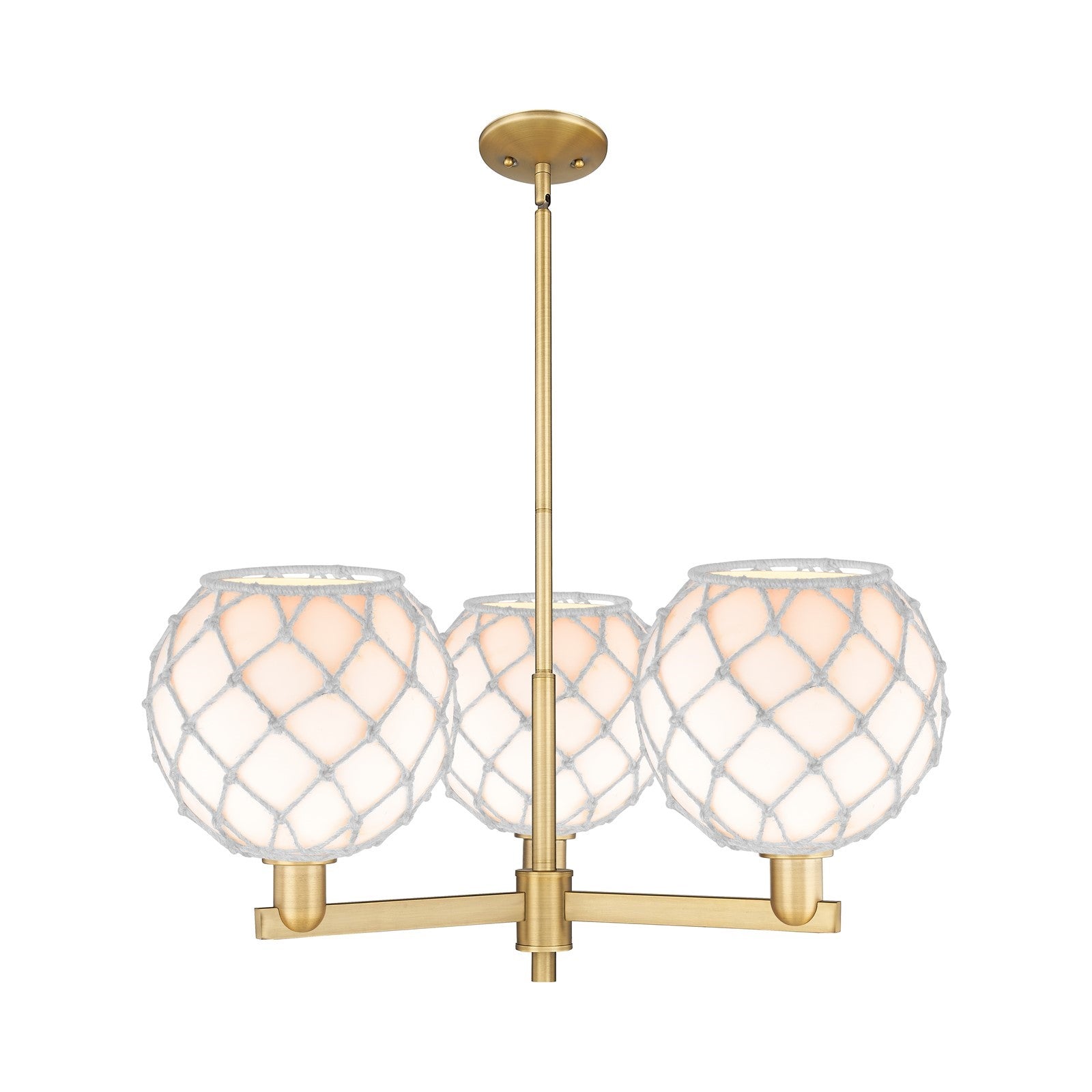 Innovations Farmhouse Rope 32in 3-Light Pendant | Industrial Brushed Brass Steel and White Glass with Rope | Kitchen Island & | Model 716-3CR-BB-G121-10RW