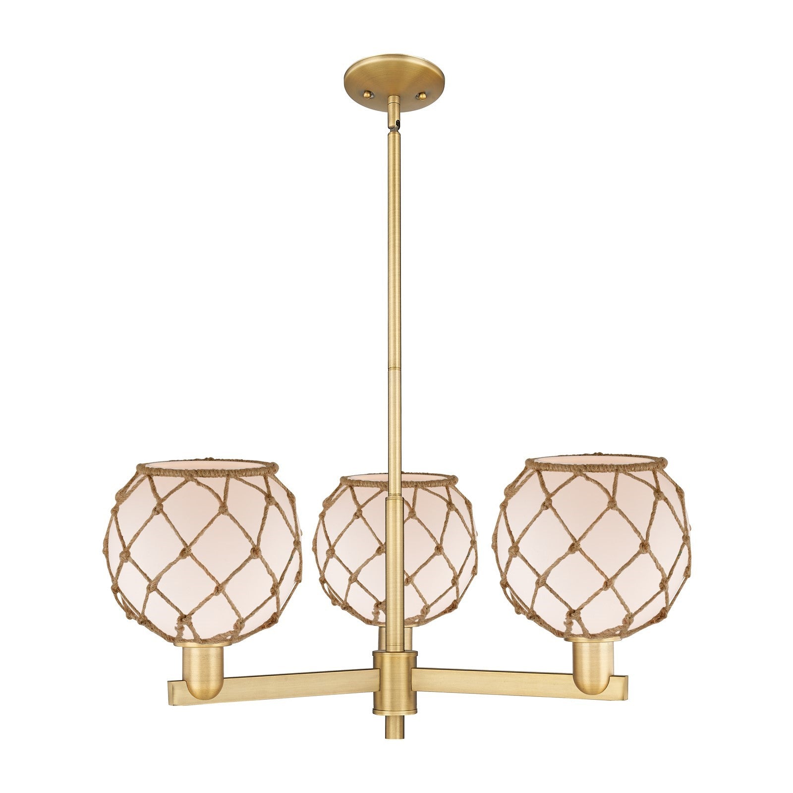 Innovations Farmhouse Rope 30in 3-Light Pendant | Industrial Brushed Brass Steel and White Frosted Glass with Brown Rope | Model 716-3CR-BB-G121-8RB