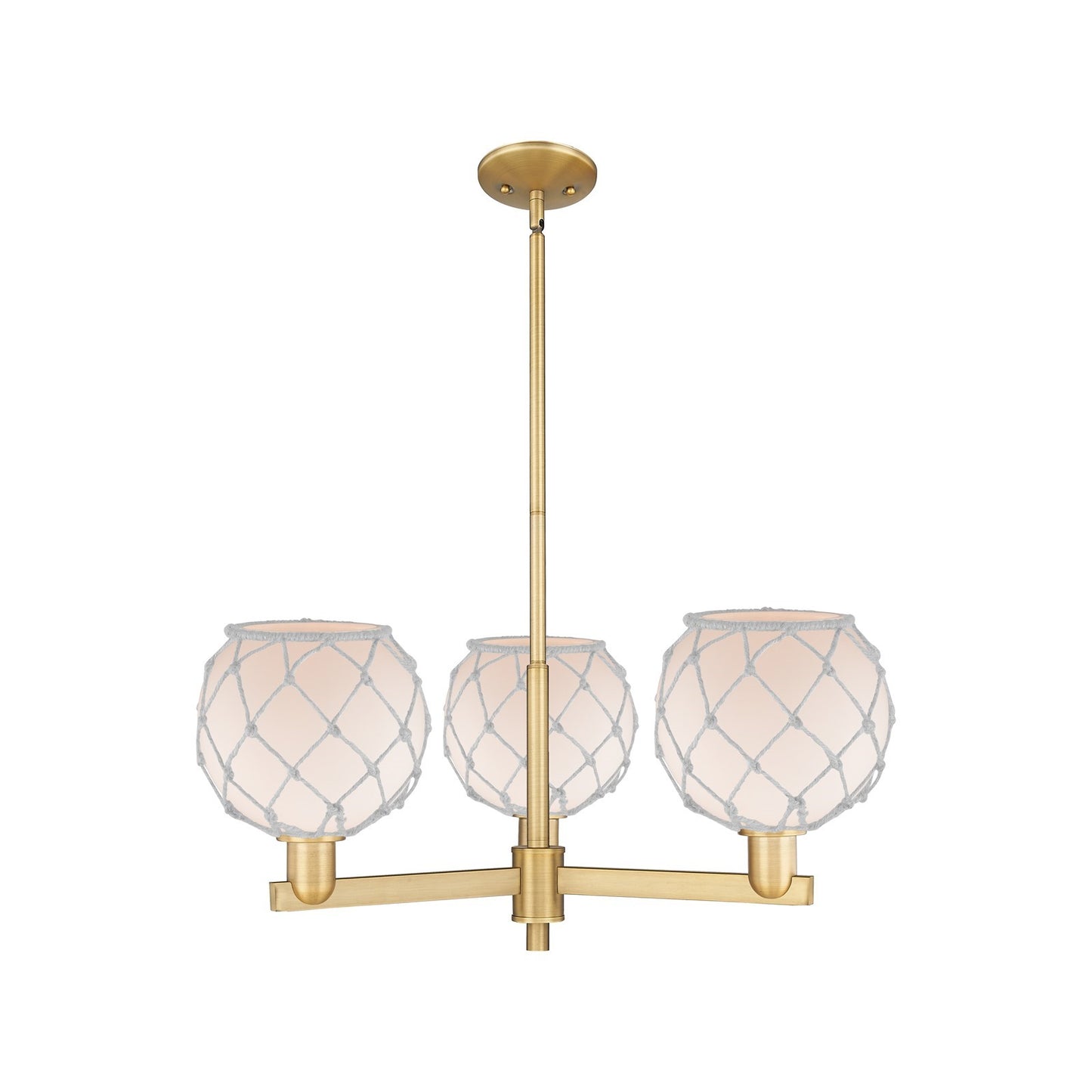 Innovations Farmhouse Rope 30in 3-Light Pendant | Industrial Brushed Brass and White Frosted Glass with Rope | Kitchen Island | Model 716-3CR-BB-G121-8RW