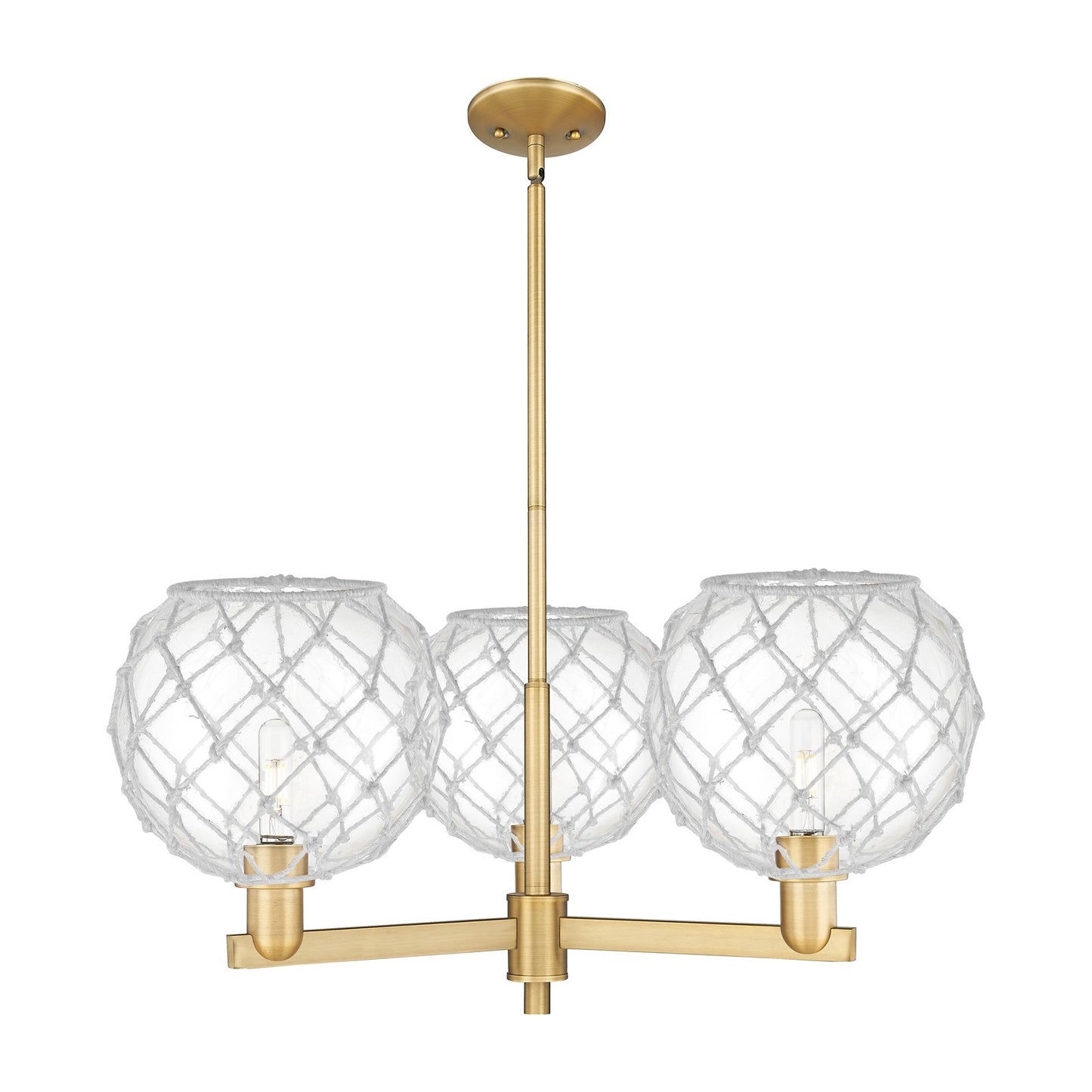 Innovations Farmhouse Rope 32in 3-Light Pendant | Industrial Brushed Brass Steel and Clear Glass with White Rope | Kitchen | Model 716-3CR-BB-G122-10RW