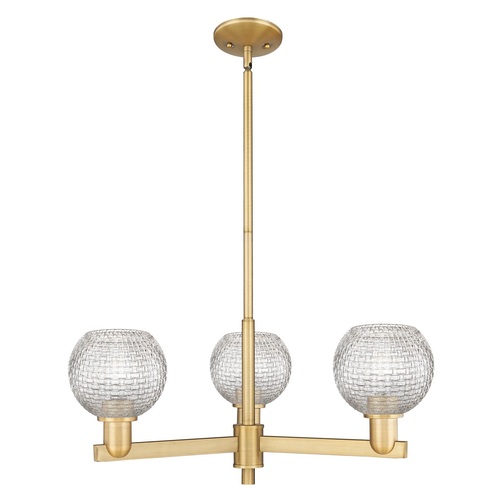 Innovations Athens 28in 3-Light Pendant | Industrial Brushed Brass Steel and Clear Basket Weave Glass | Kitchen Island & | Model 716-3CR-BB-G122C-6CL