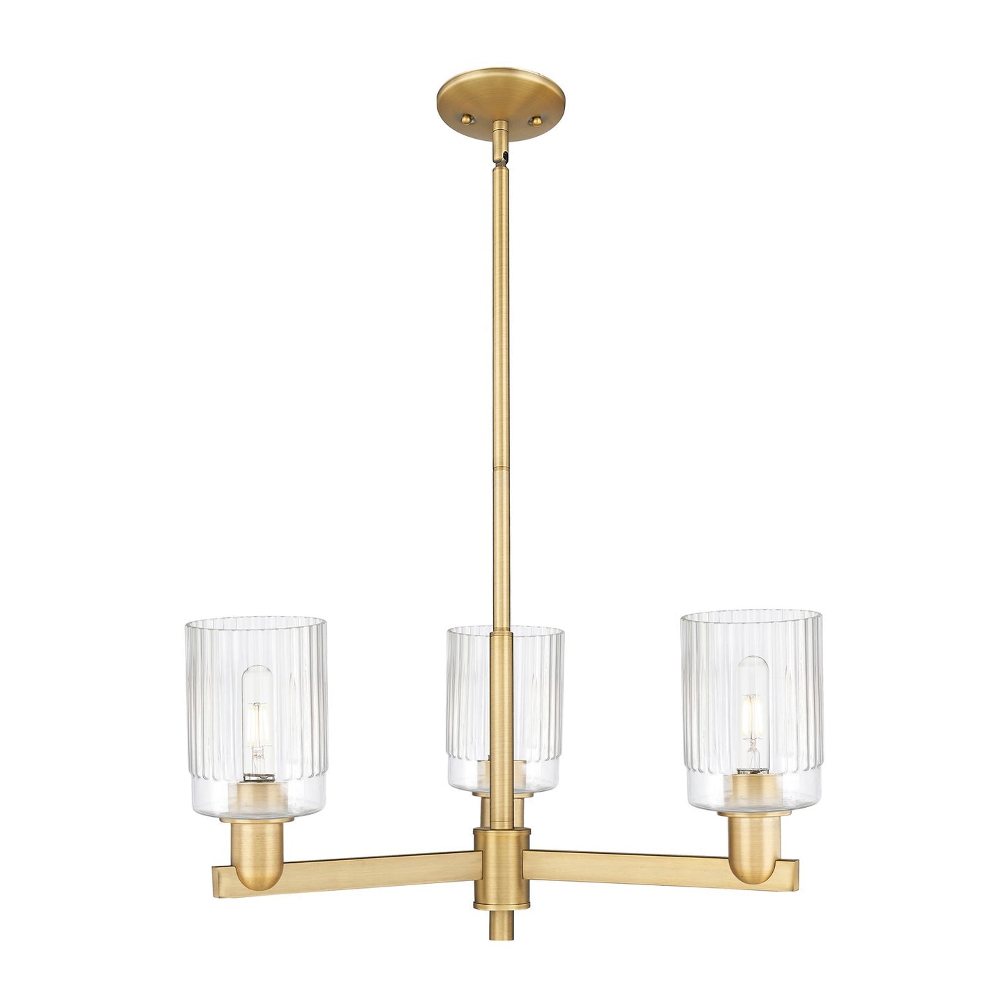 Innovations Hadley 26in 3-Light Pendant | Industrial Brushed Brass Steel and Clear Ribbed Glass | Kitchen Island & Dining Room | Model 716-3CR-BB-G342