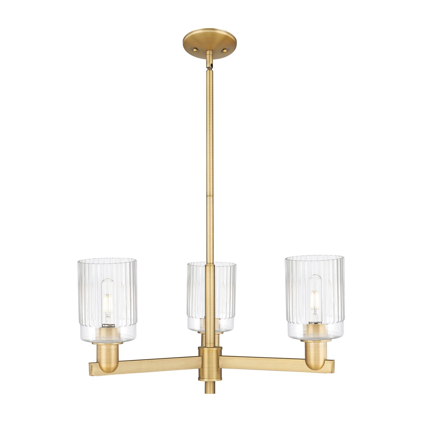 Innovations Hadley 26in 3-Light Pendant | Industrial Brushed Brass Steel and Clear Ribbed Glass | Kitchen Island & Dining Room | Model 716-3CR-BB-G342
