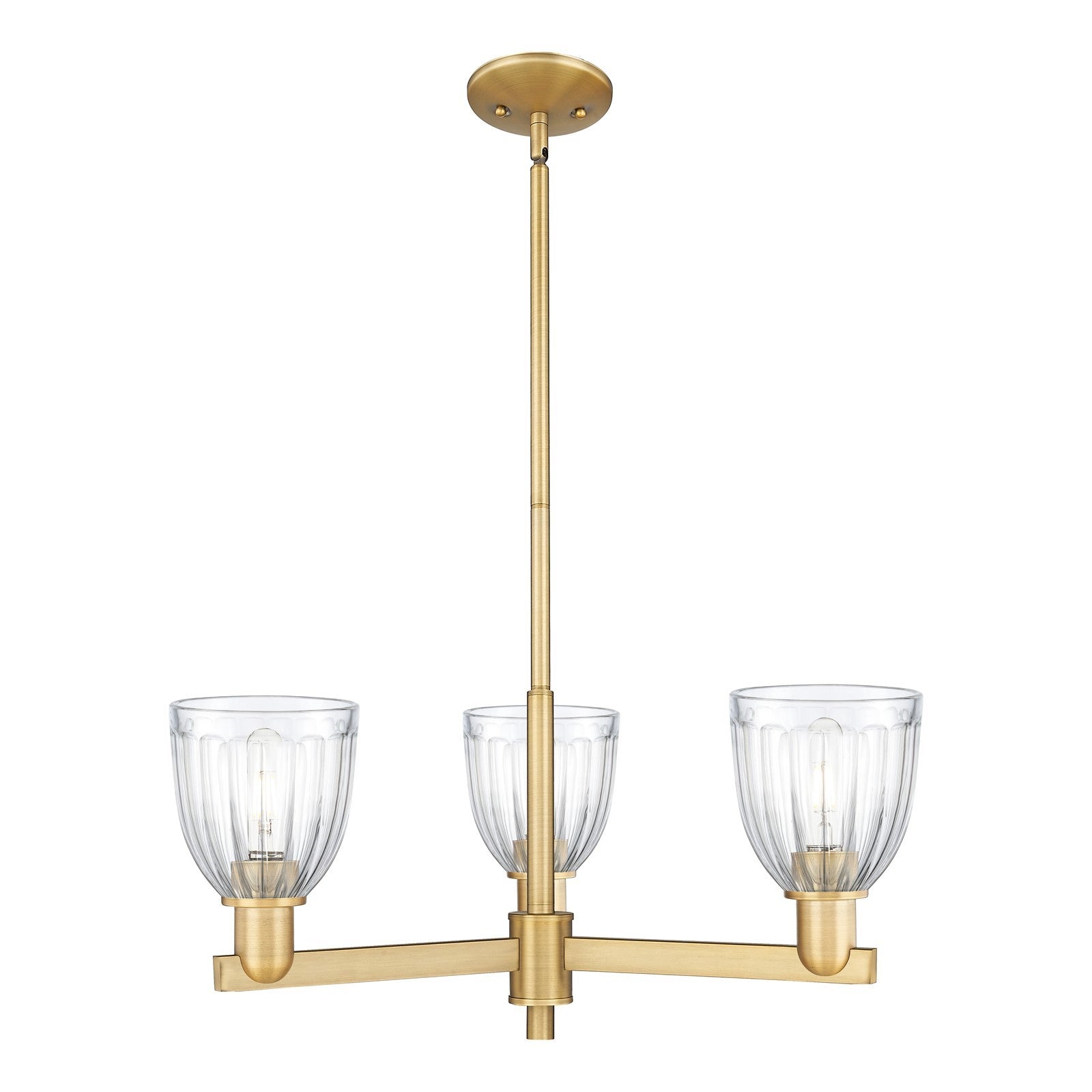 Innovations Brookfield 28in 3-Light Pendant | Industrial Brushed Brass Steel and Clear Ribbed Glass | Kitchen Island & Dining Room | Model 716-3CR-BB-G442