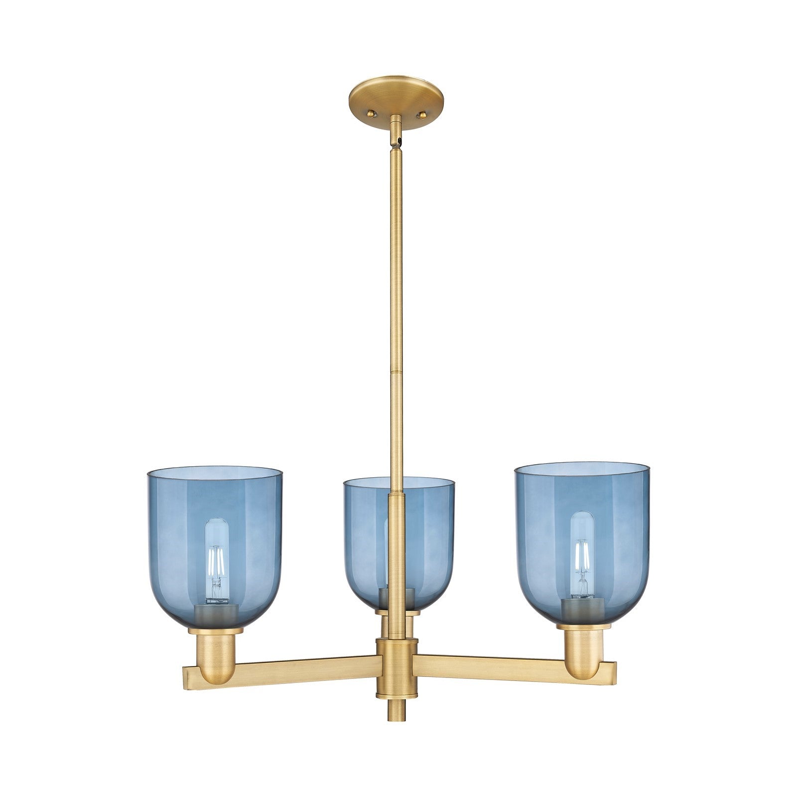 Innovations Bella 27in 3-Light Pendant | Industrial Brushed Brass and Blue Glass | Kitchen Island & Dining Room | 27.25 x | Model 716-3CR-BB-G558-6BL