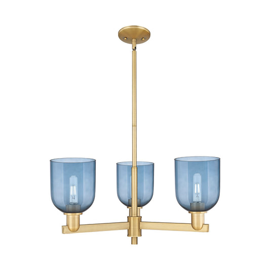 Innovations Bella 27in 3-Light Pendant | Industrial Brushed Brass and Blue Glass | Kitchen Island & Dining Room | 27.25 x | Model 716-3CR-BB-G558-6BL
