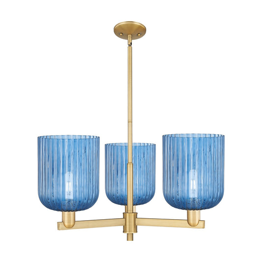 Innovations Bridal Veil 30in 3-Light Pendant | Industrial Brushed Brass Steel and Princess Blue Ribbed Glass | Kitchen Island | Model 716-3CR-BB-G559-8BL