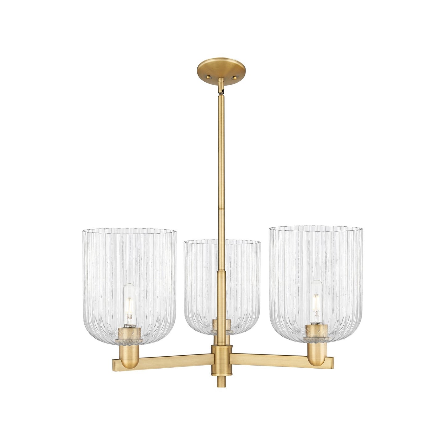 Innovations Bridal Veil 30in 3-Light Pendant | Industrial Brushed Brass Steel and Clear Ribbed Glass | Kitchen Island & Dining | Model 716-3CR-BB-G559-8CL