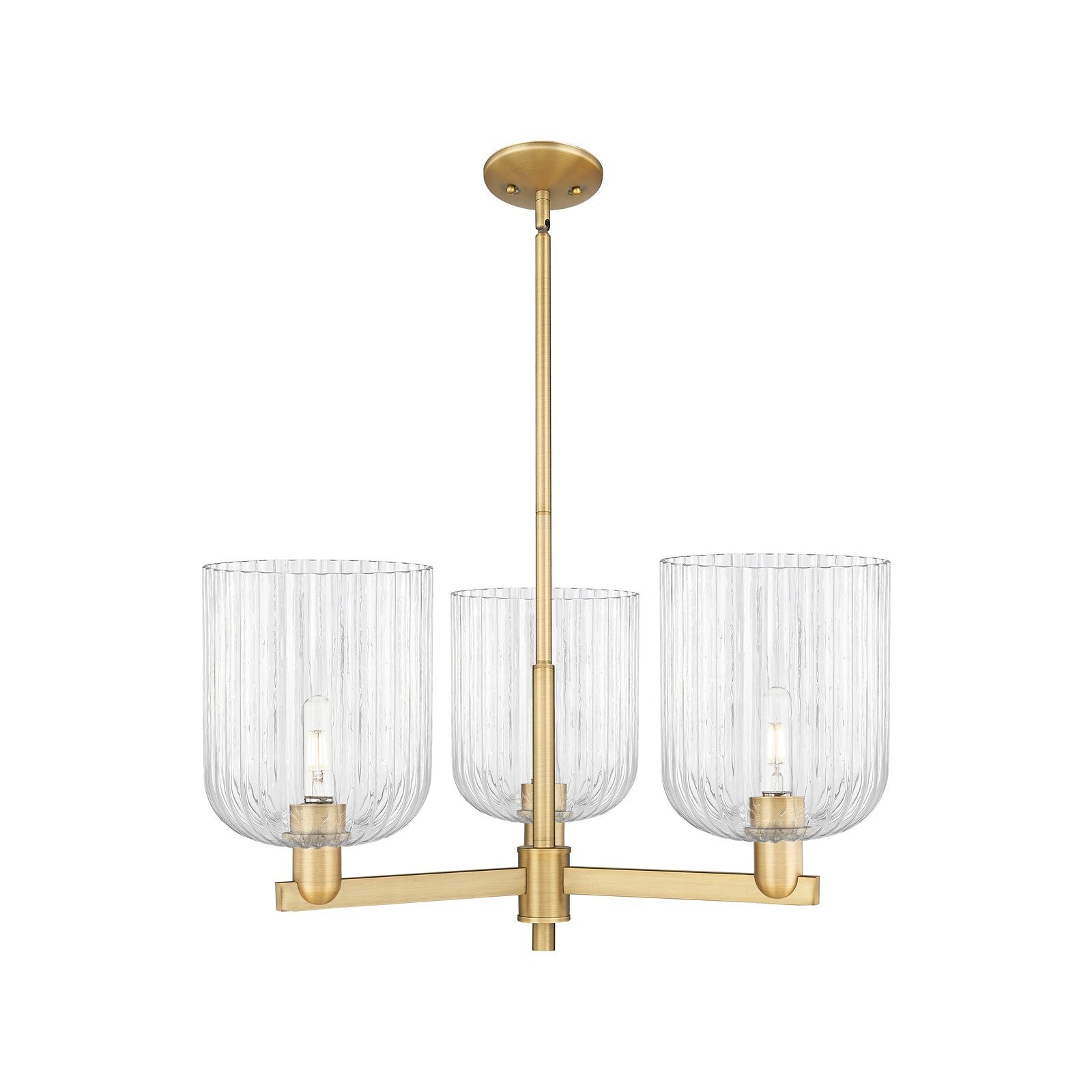 Innovations Bridal Veil 30in 3-Light Pendant | Industrial Brushed Brass Steel and Clear Ribbed Glass | Kitchen Island & Dining | Model 716-3CR-BB-G559-8CL