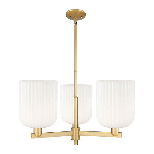 Innovations Bridal Veil 30in 3-Light Pendant | Industrial Brushed Brass Steel and Gloss White Ribbed Glass | Kitchen Island & | Model 716-3CR-BB-G559-8GWH
