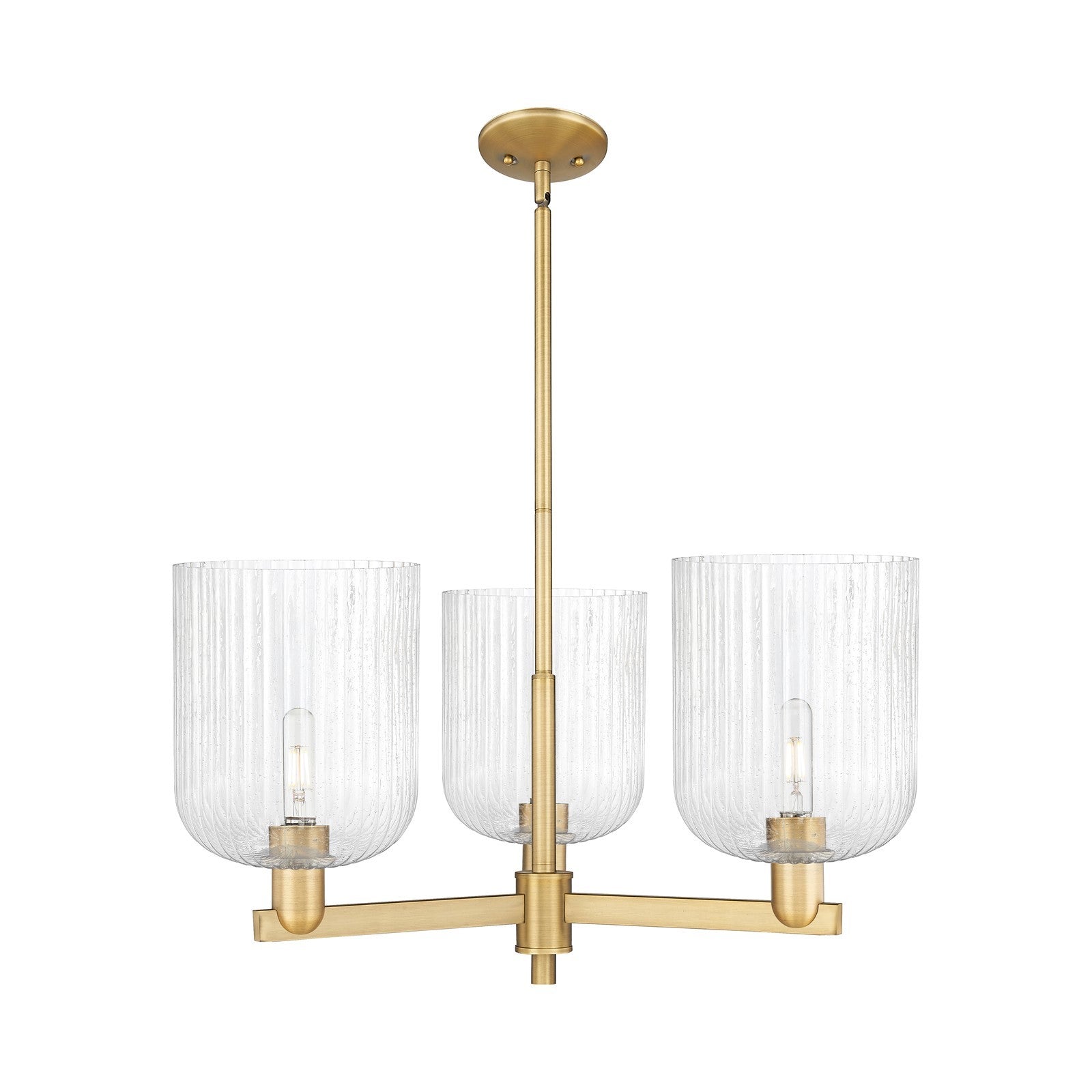 Innovations Bridal Veil 30in 3-Light Pendant | Industrial Brushed Brass Steel and Seedy Ribbed Glass | Kitchen Island & | Model 716-3CR-BB-G559-8SDY