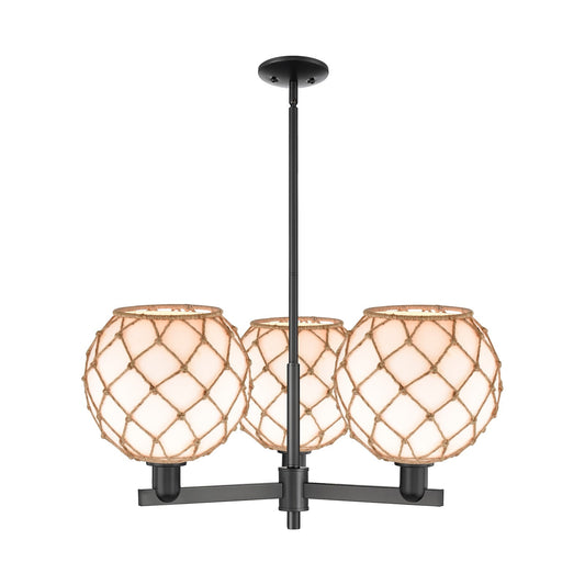 Innovations Farmhouse Rope 32in 3-Light Pendant | Industrial Matte Black Steel and Matte White Glass with Brown Rope | Model 716-3CR-BK-G121-10RB
