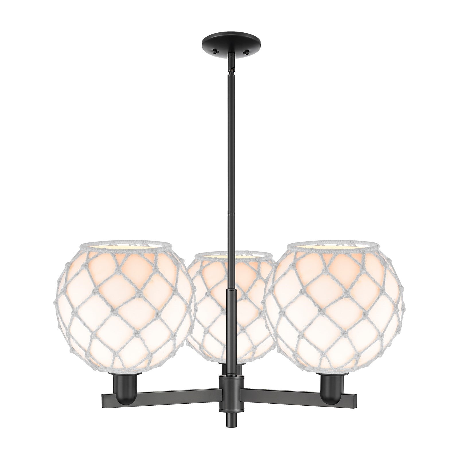 Innovations Farmhouse Rope 32in 3-Light Pendant | Industrial Matte Black Steel and White Glass with Rope | Kitchen Island & | Model 716-3CR-BK-G121-10RW