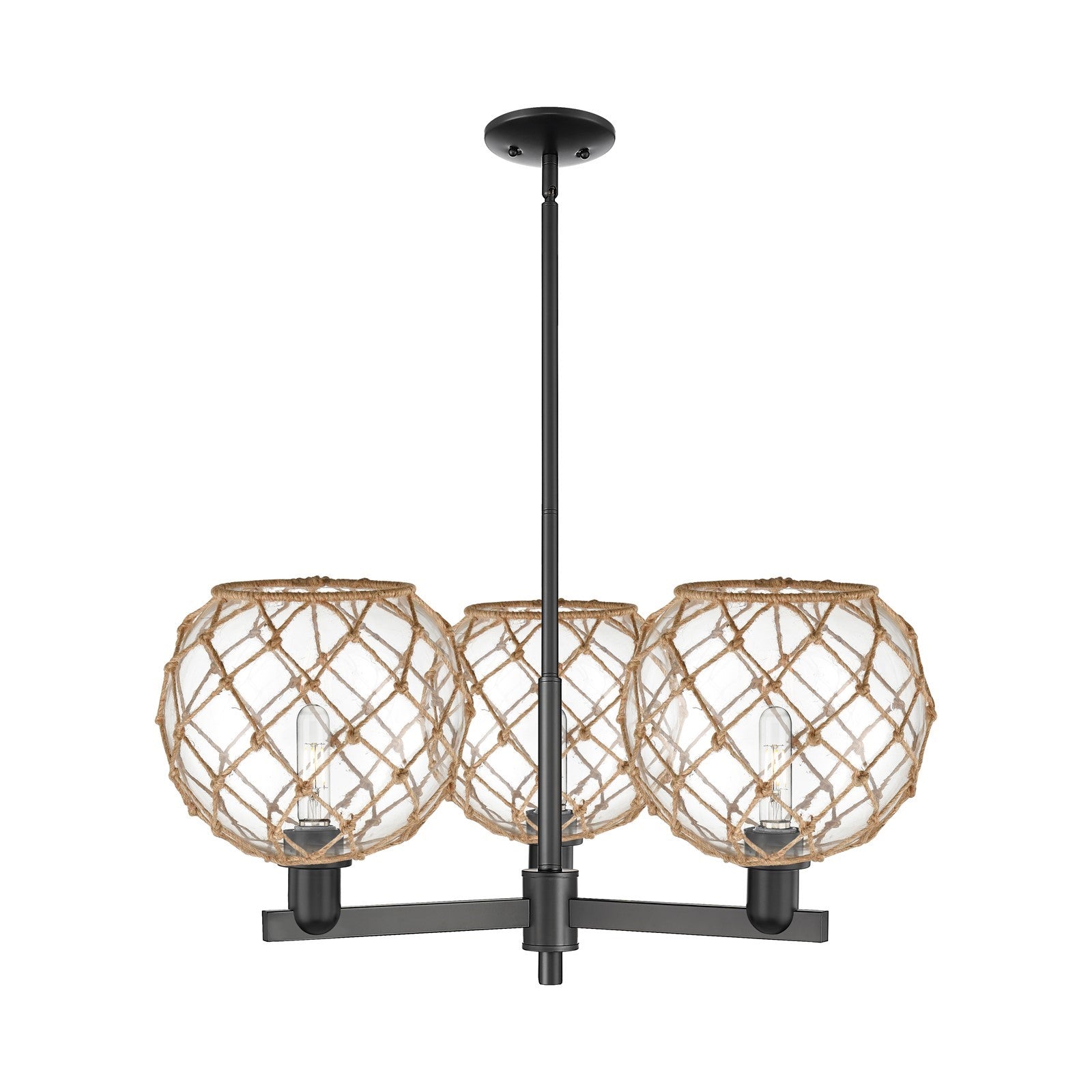 Innovations Farmhouse Rope 32in 3-Light Pendant | Industrial Matte Black Steel and Clear Glass with Brown Rope | Kitchen | Model 716-3CR-BK-G122-10RB