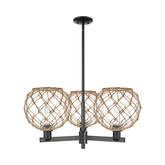 Innovations Farmhouse Rope 32in 3-Light Pendant | Industrial Matte Black Steel and Clear Glass with Brown Rope | Kitchen | Model 716-3CR-BK-G122-10RB