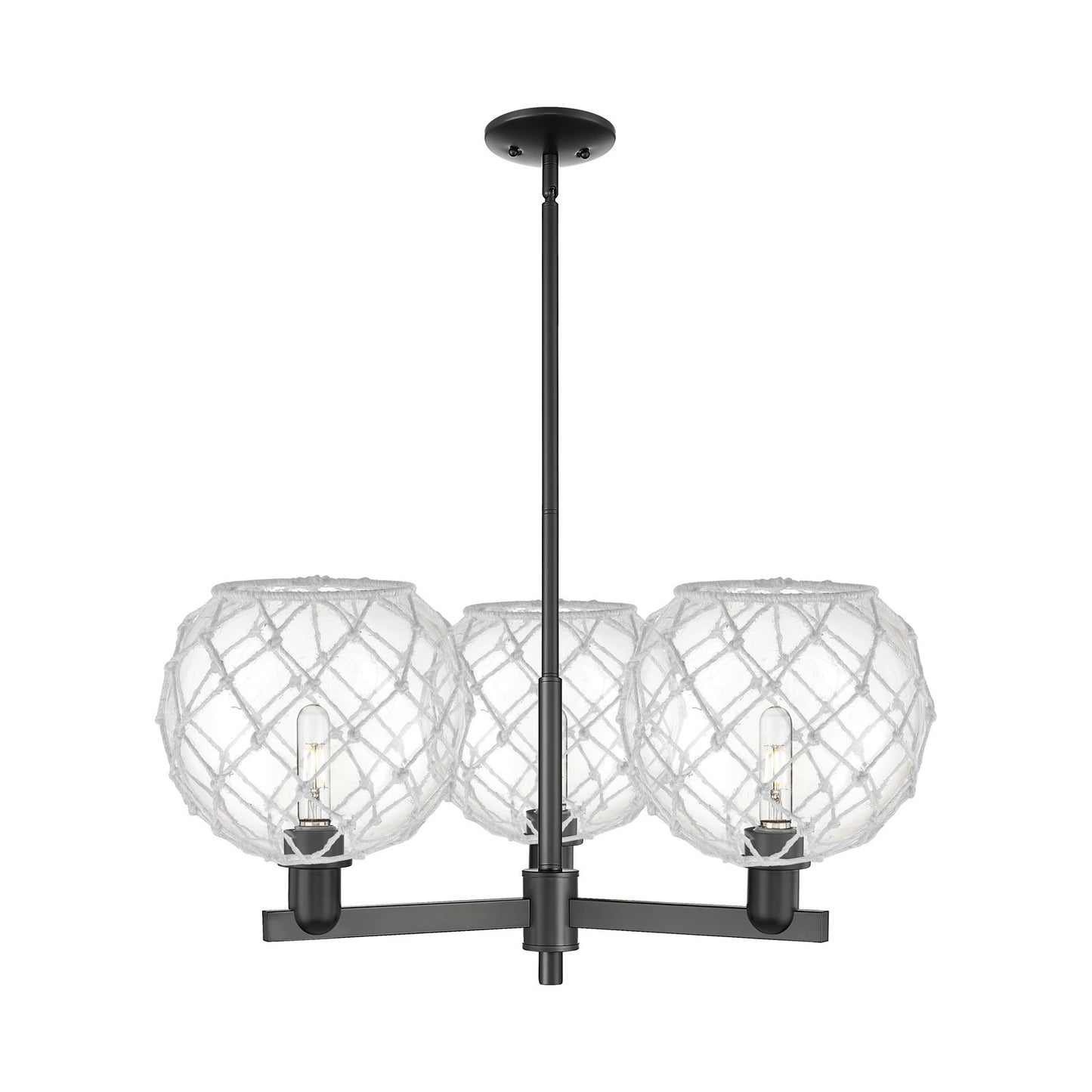 Innovations Farmhouse Rope 32in 3-Light Pendant | Industrial Matte Black Steel and Clear Glass with White Rope | Kitchen | Model 716-3CR-BK-G122-10RW