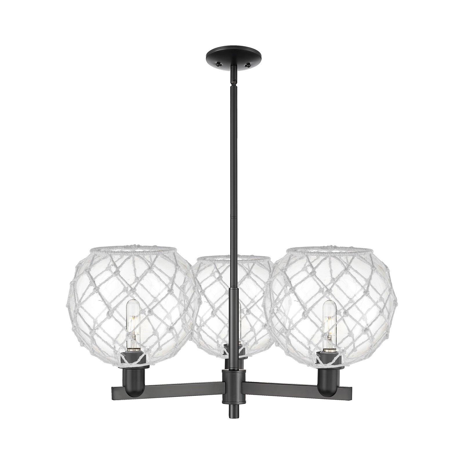 Innovations Farmhouse Rope 32in 3-Light Pendant | Industrial Matte Black Steel and Clear Glass with White Rope | Kitchen | Model 716-3CR-BK-G122-10RW