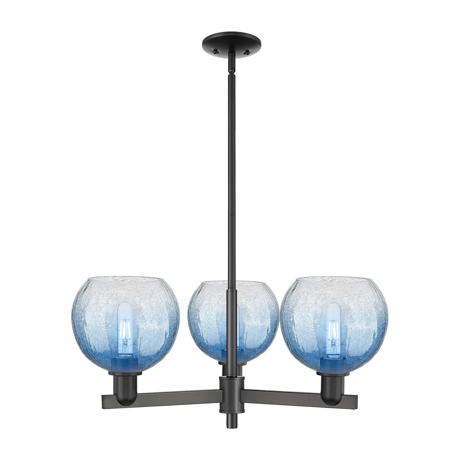 Innovations Brookhaven Globe 30in 3-Light Pendant | Industrial Matte Black Steel and Sapphire Blue Glass | Kitchen Island & | Model 716-3CR-BK-G483-8SB