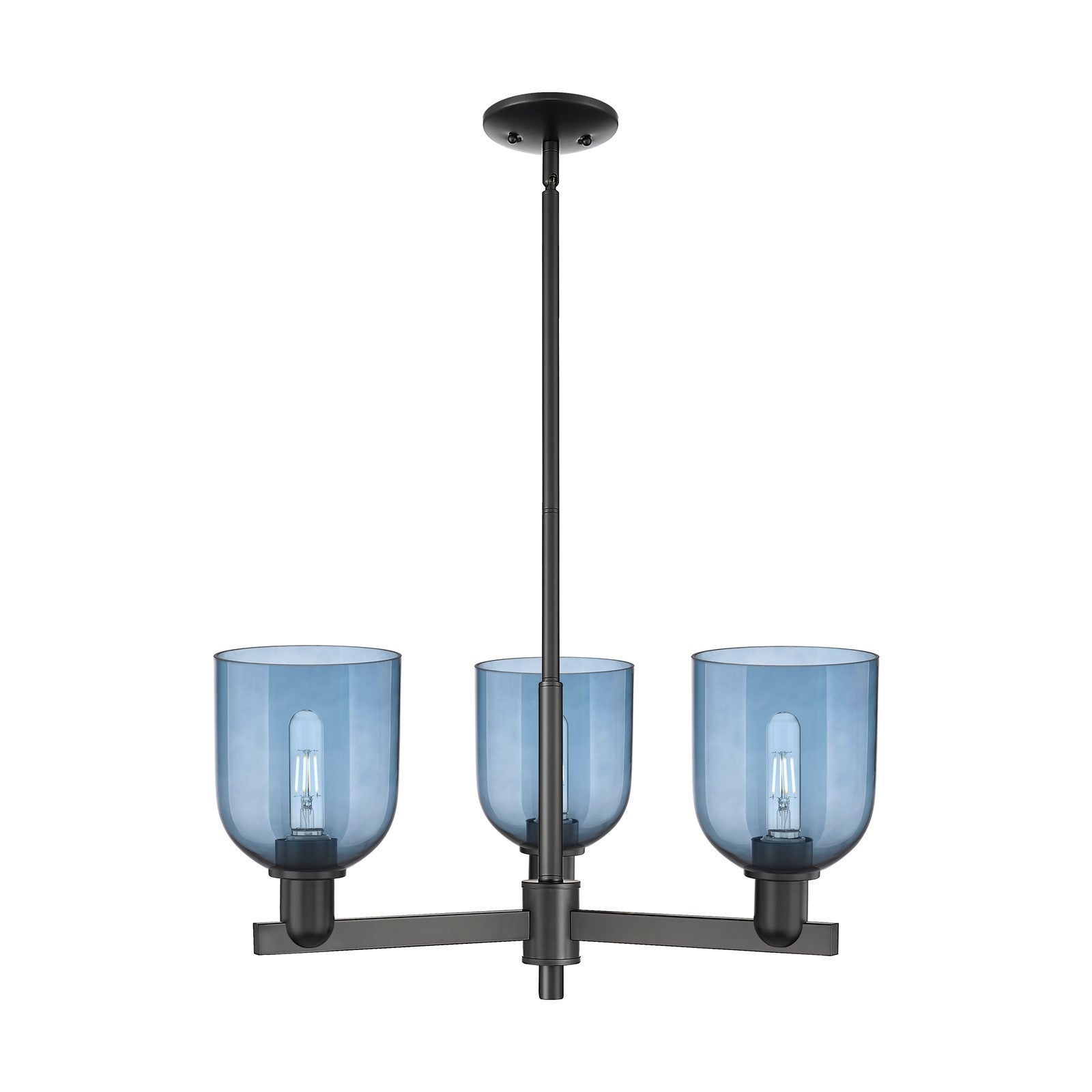 Innovations Bella 27in 3-Light Pendant | Industrial Matte Black Steel and Blue Glass | Kitchen Island & Dining Room | 27.25 x | Model 716-3CR-BK-G558-6BL