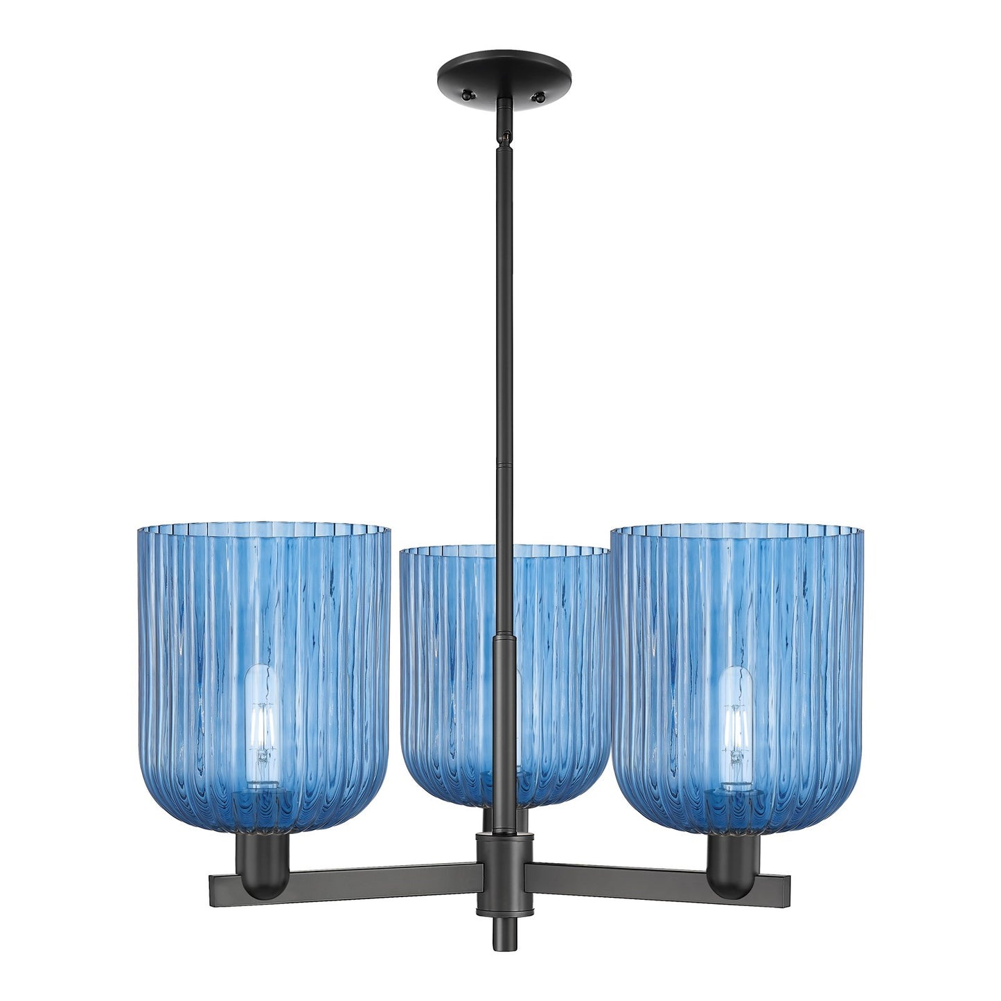 Innovations Bridal Veil 30in 3-Light Pendant | Industrial Matte Black Steel and Princess Blue Ribbed Glass | Kitchen Island & | Model 716-3CR-BK-G559-8BL