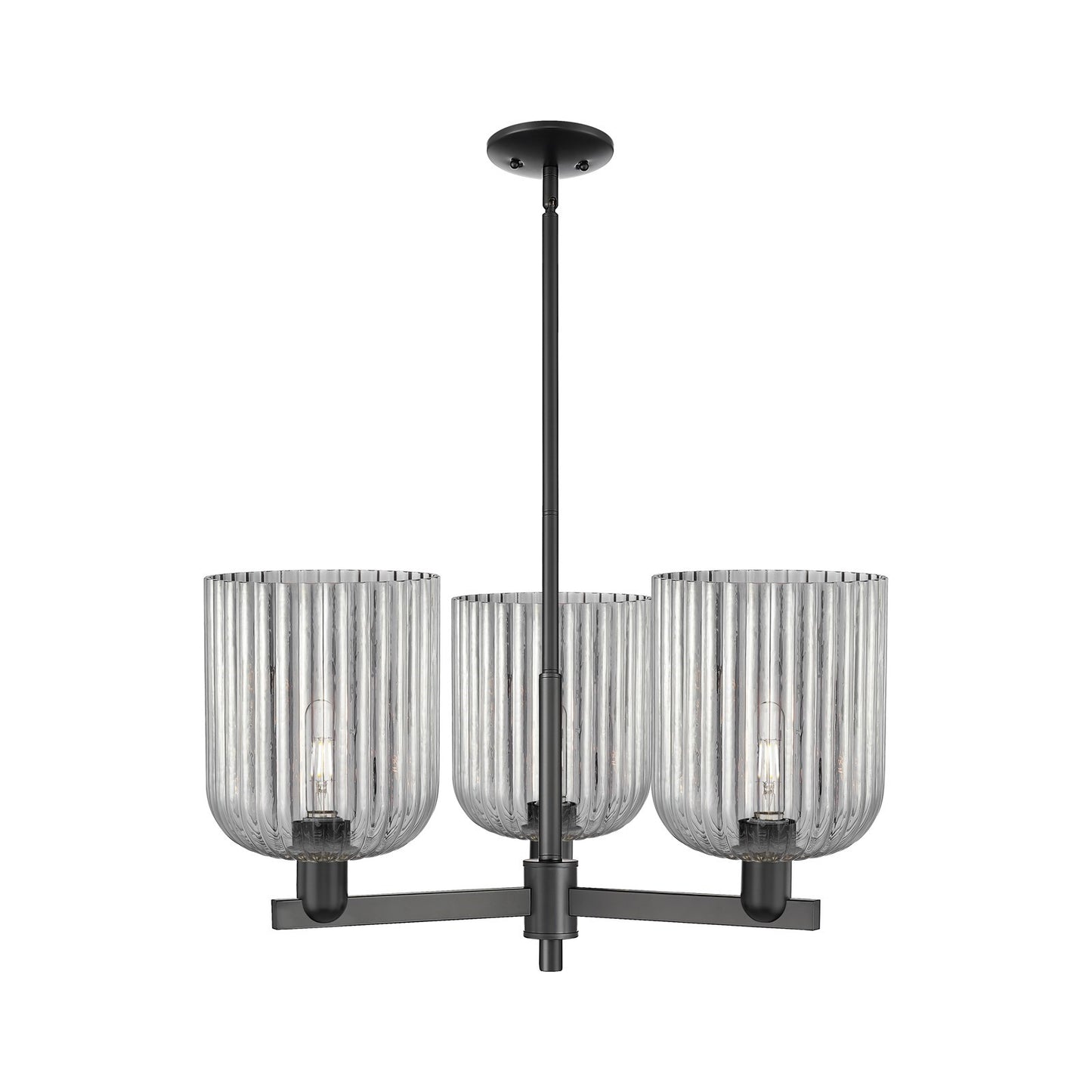 Innovations Bridal Veil 30in 3-Light Pendant | Industrial Matte Black Steel and Cast Brass with Light Smoke Ribbed Glass | Model 716-3CR-BK-G559-8SM