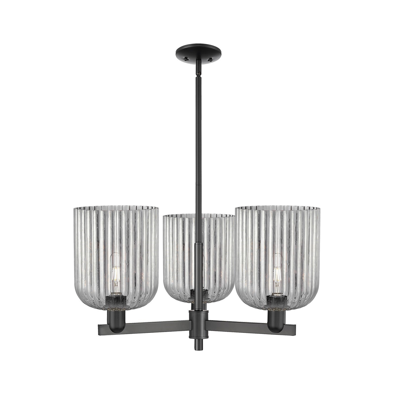 Innovations Bridal Veil 30in 3-Light Pendant | Industrial Matte Black Steel and Cast Brass with Light Smoke Ribbed Glass | Model 716-3CR-BK-G559-8SM