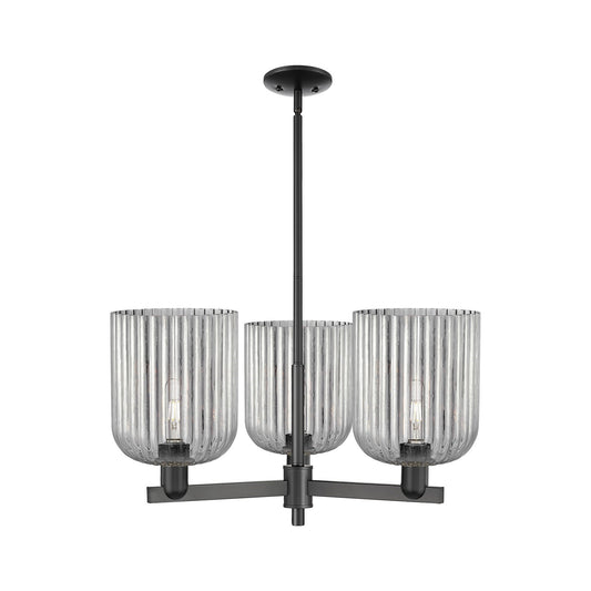 Innovations Bridal Veil 30in 3-Light Pendant | Industrial Matte Black Steel and Cast Brass with Light Smoke Ribbed Glass | Model 716-3CR-BK-G559-8SM