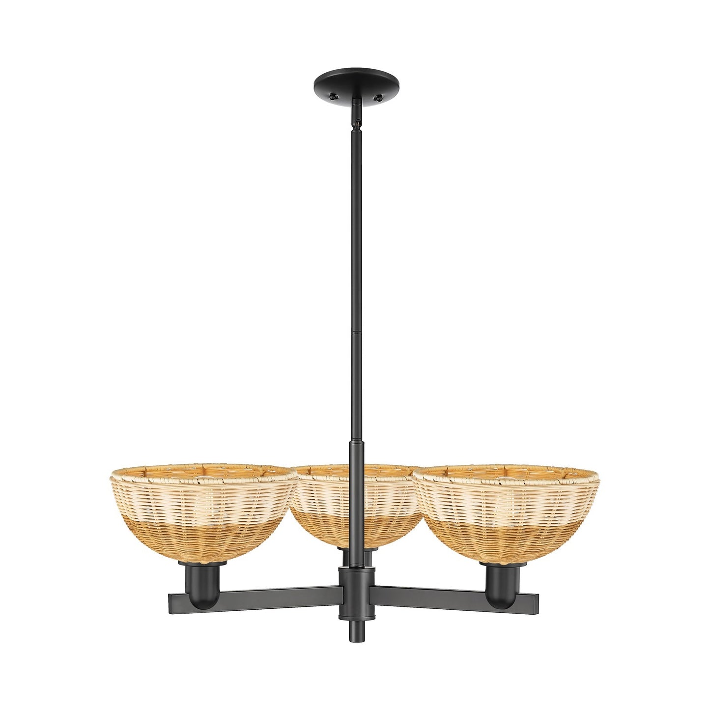 Innovations Bristol Natural II 31in 3-Light Pendant | Industrial Matte Black Steel and Cast Brass with Natural Fiber Dome | Model 716-3CR-BK-NBD2-9-NAT