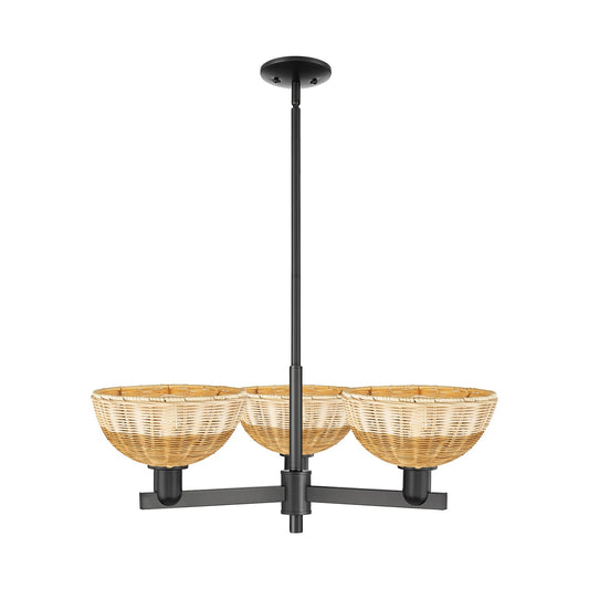 Innovations Bristol Natural II 31in 3-Light Pendant | Industrial Matte Black Steel and Cast Brass with Natural Fiber Dome | Model 716-3CR-BK-NBD2-9-NAT