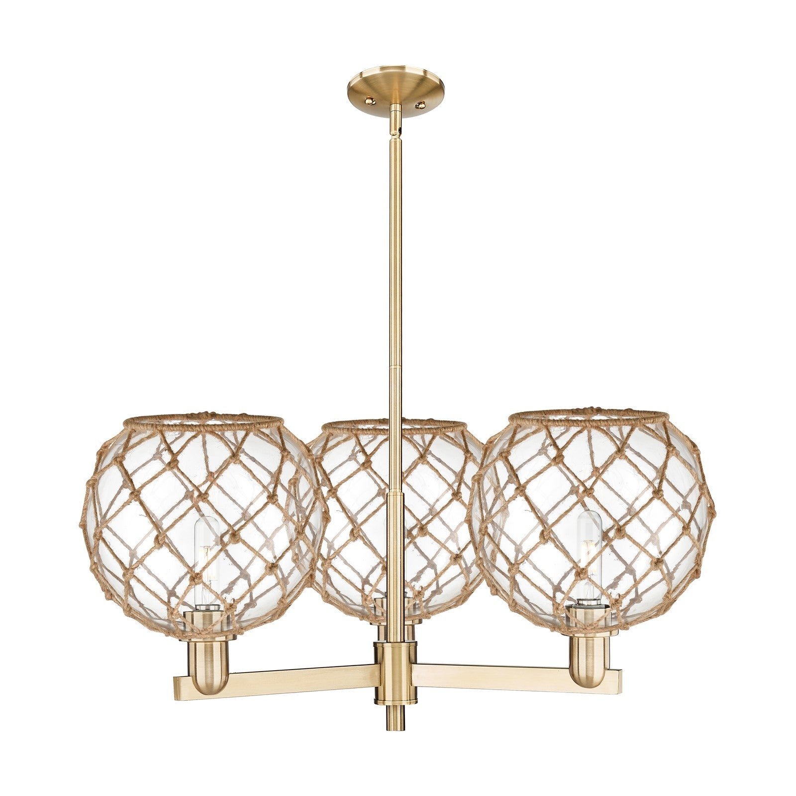 Innovations Farmhouse Rope 32in 3-Light Pendant | Industrial Champagne Bronze Steel and Clear Glass with Brown Rope | Kitchen | Model 716-3CR-CB-G122-10RB