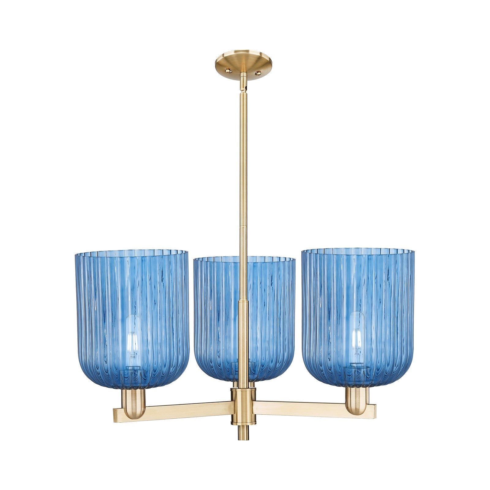 Innovations Bridal Veil 30in 3-Light Pendant | Industrial Champagne Bronze Steel and Princess Blue Ribbed Glass | Kitchen | Model 716-3CR-CB-G559-8BL