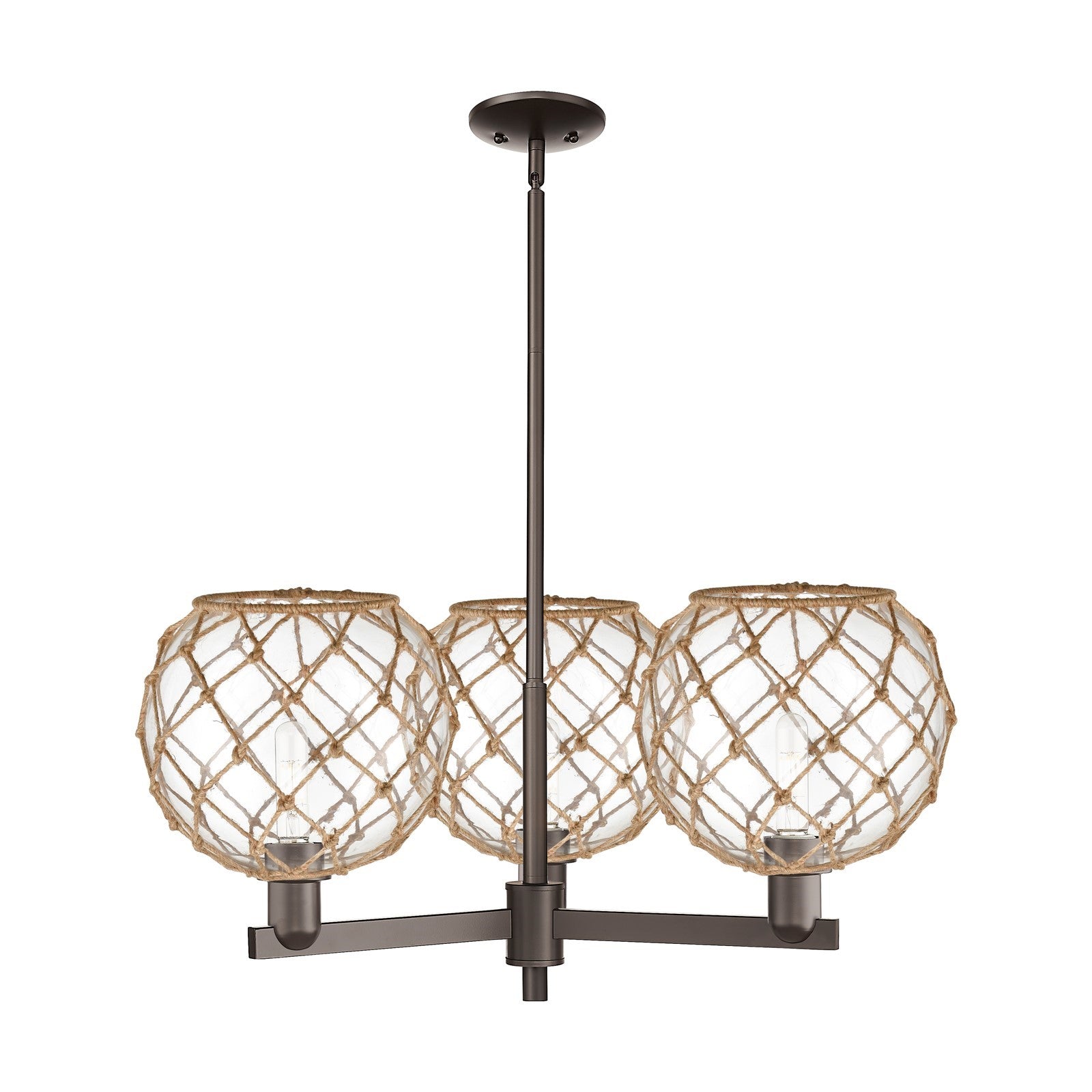 Innovations Farmhouse Rope 32in 3-Light Pendant | Industrial Oil Rubbed Bronze Steel and Clear Glass with Brown Rope | Model 716-3CR-OB-G122-10RB