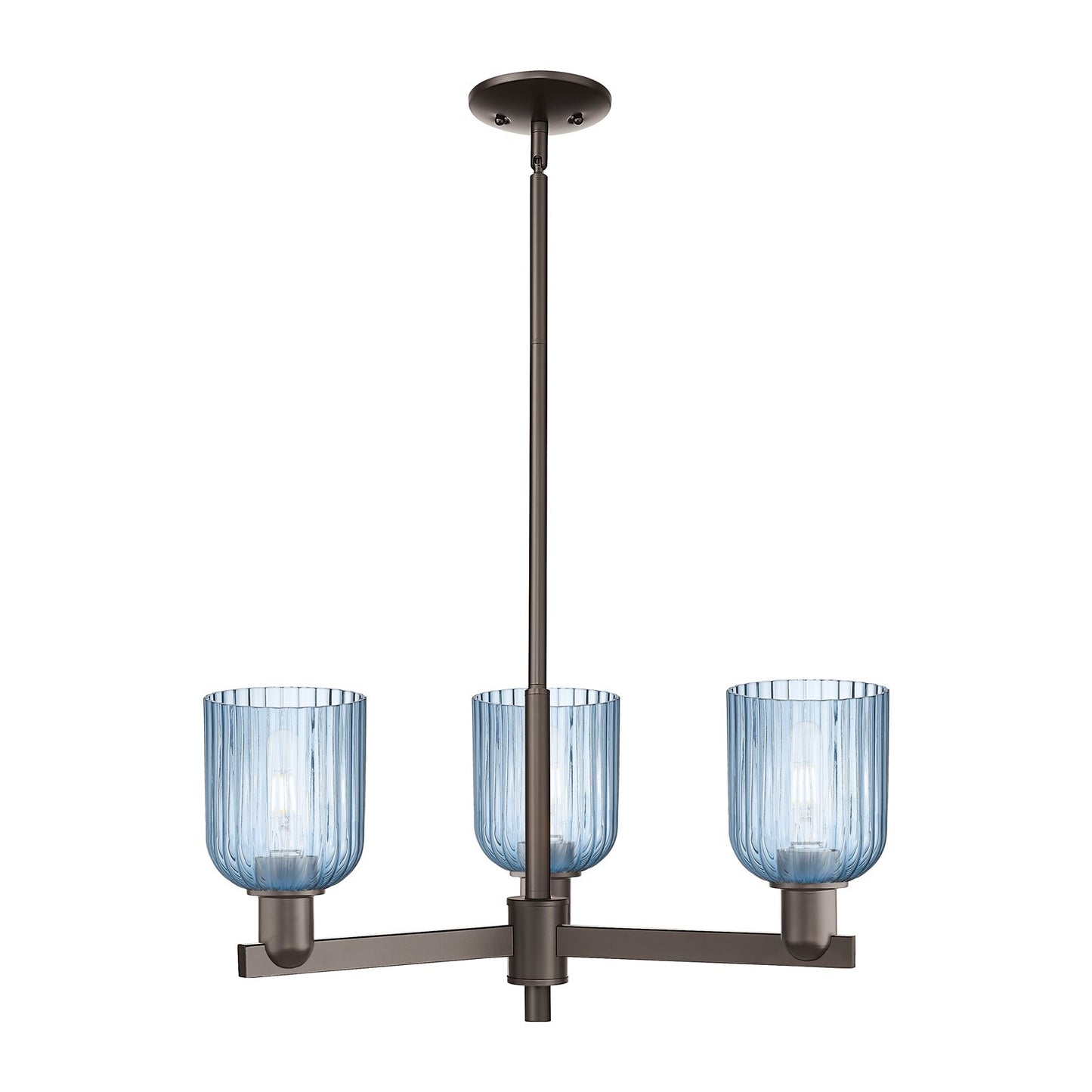 Innovations Bridal Veil 26.75in 3-Light Pendant | Industrial Oil Rubbed Bronze Steel and Princess Blue Ribbed Glass | Kitchen | Model 716-3CR-OB-G559-5BL