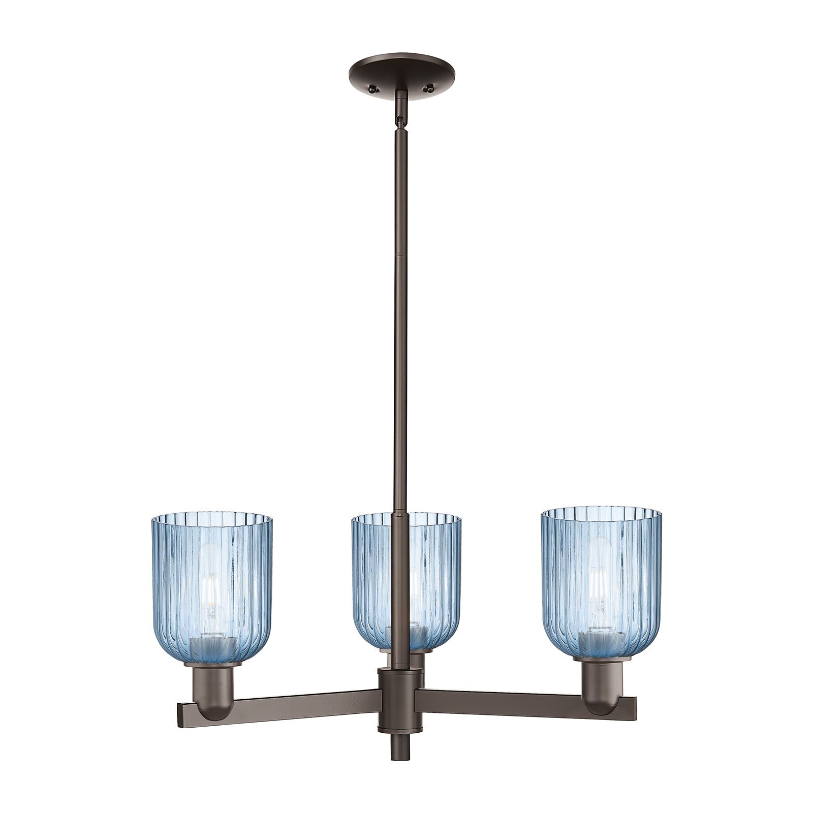 Innovations Bridal Veil 26.75in 3-Light Pendant | Industrial Oil Rubbed Bronze Steel and Princess Blue Ribbed Glass | Kitchen | Model 716-3CR-OB-G559-5BL
