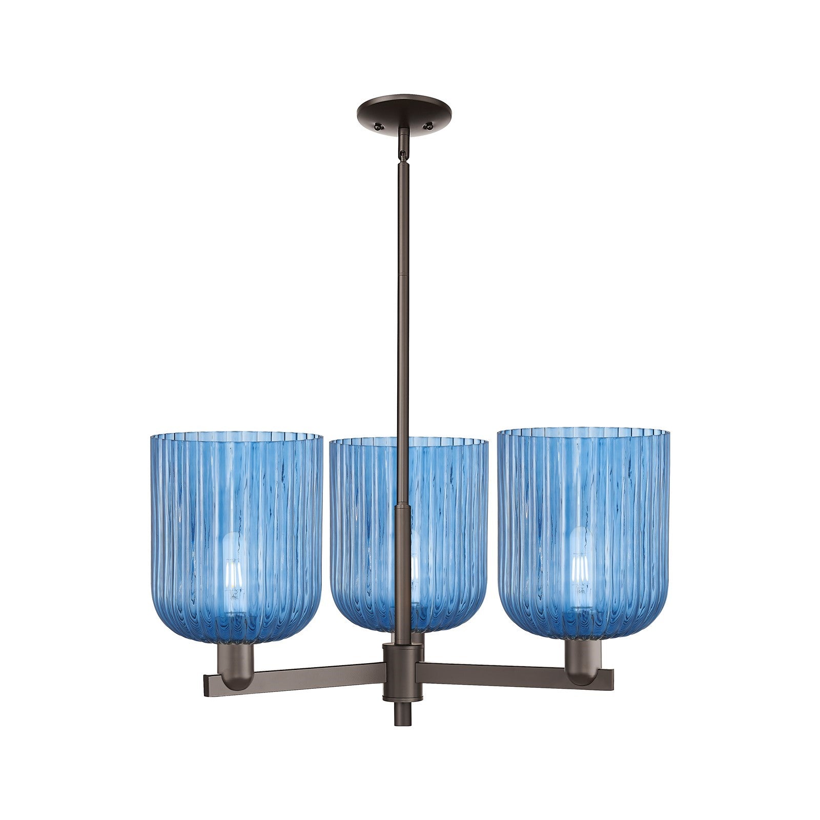 Innovations Bridal Veil 30in 3-Light Pendant | Industrial Oil Rubbed Bronze Steel and Princess Blue Ribbed Glass | Kitchen | Model 716-3CR-OB-G559-8BL