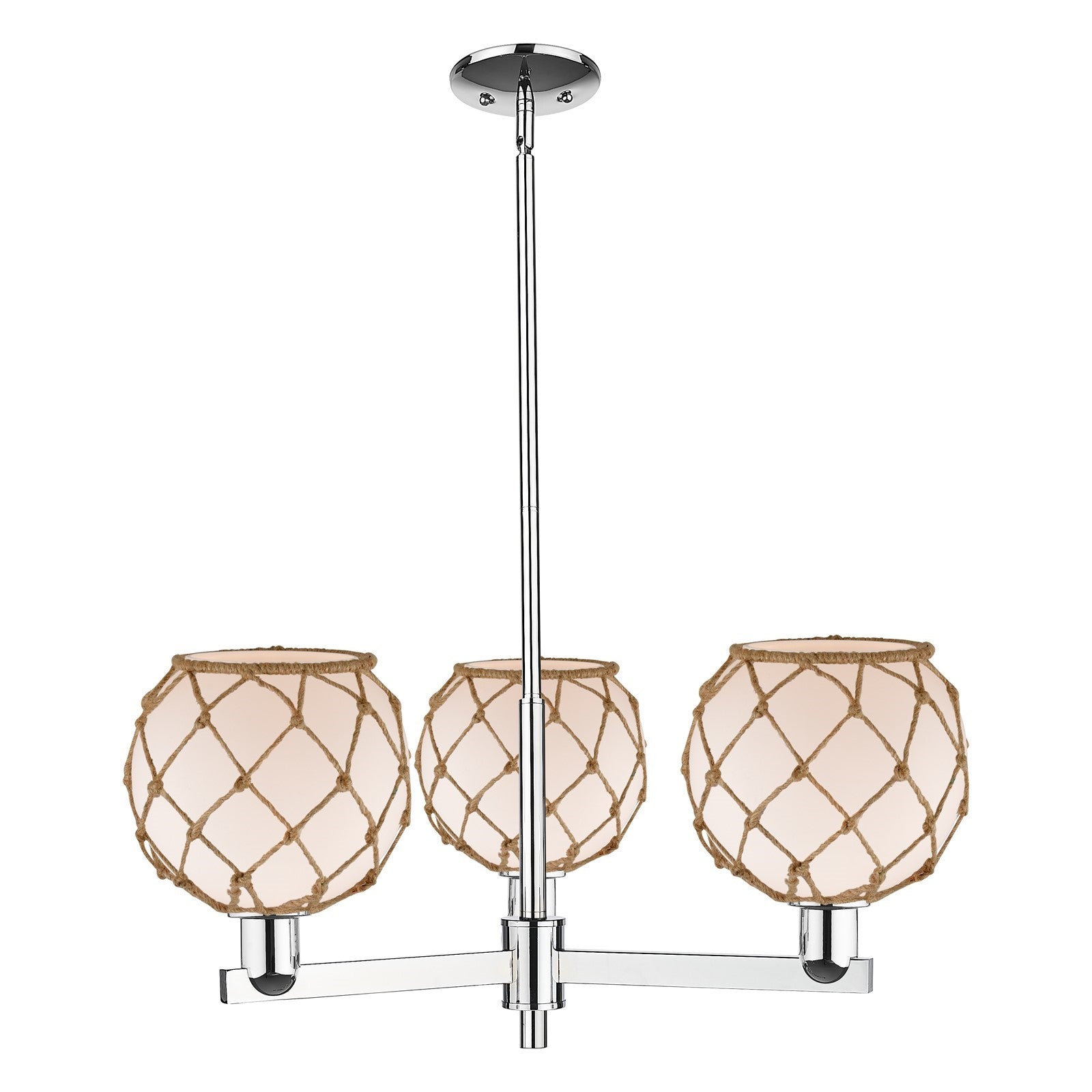 Innovations Farmhouse Rope 30in 3-Light Pendant | Industrial Polished Chrome and White Glass with Brown Rope | Kitchen Island | Model 716-3CR-PC-G121-8RB