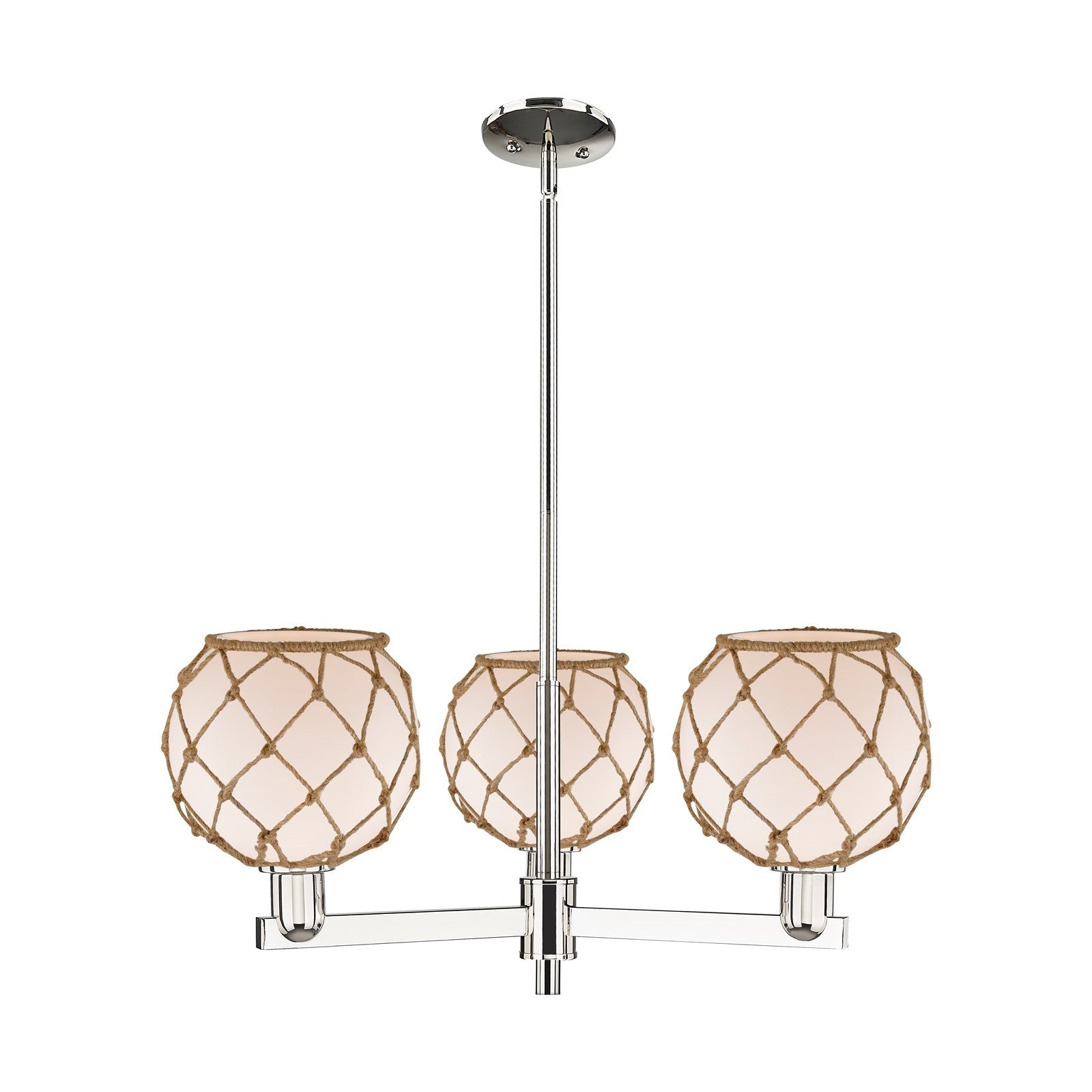 Innovations Farmhouse Rope 30in 3-Light Pendant | Industrial Polished Nickel and White Glass with Brown Rope | Kitchen Island | Model 716-3CR-PN-G121-8RB