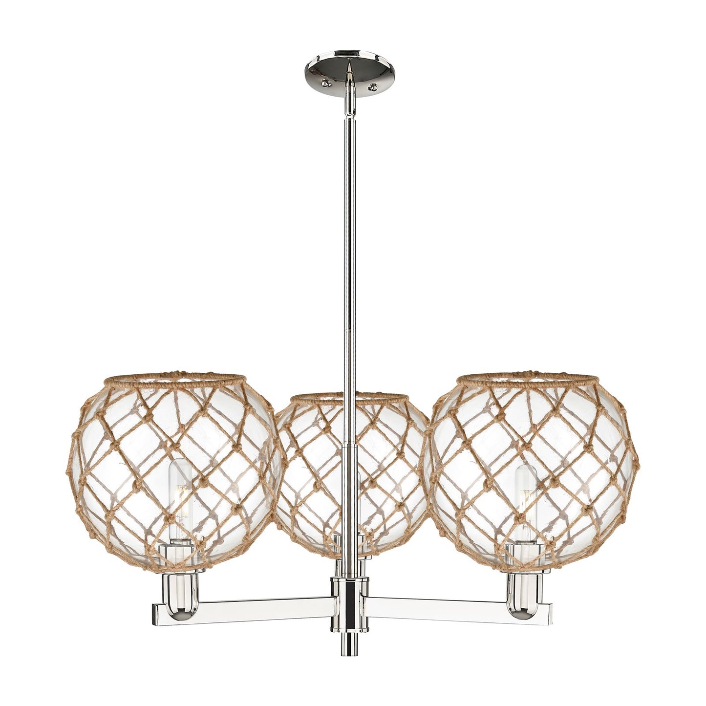 Innovations Farmhouse Rope 32in 3-Light Pendant | Industrial Polished Nickel and Clear Glass with Brown Rope | Kitchen Island | Model 716-3CR-PN-G122-10RB