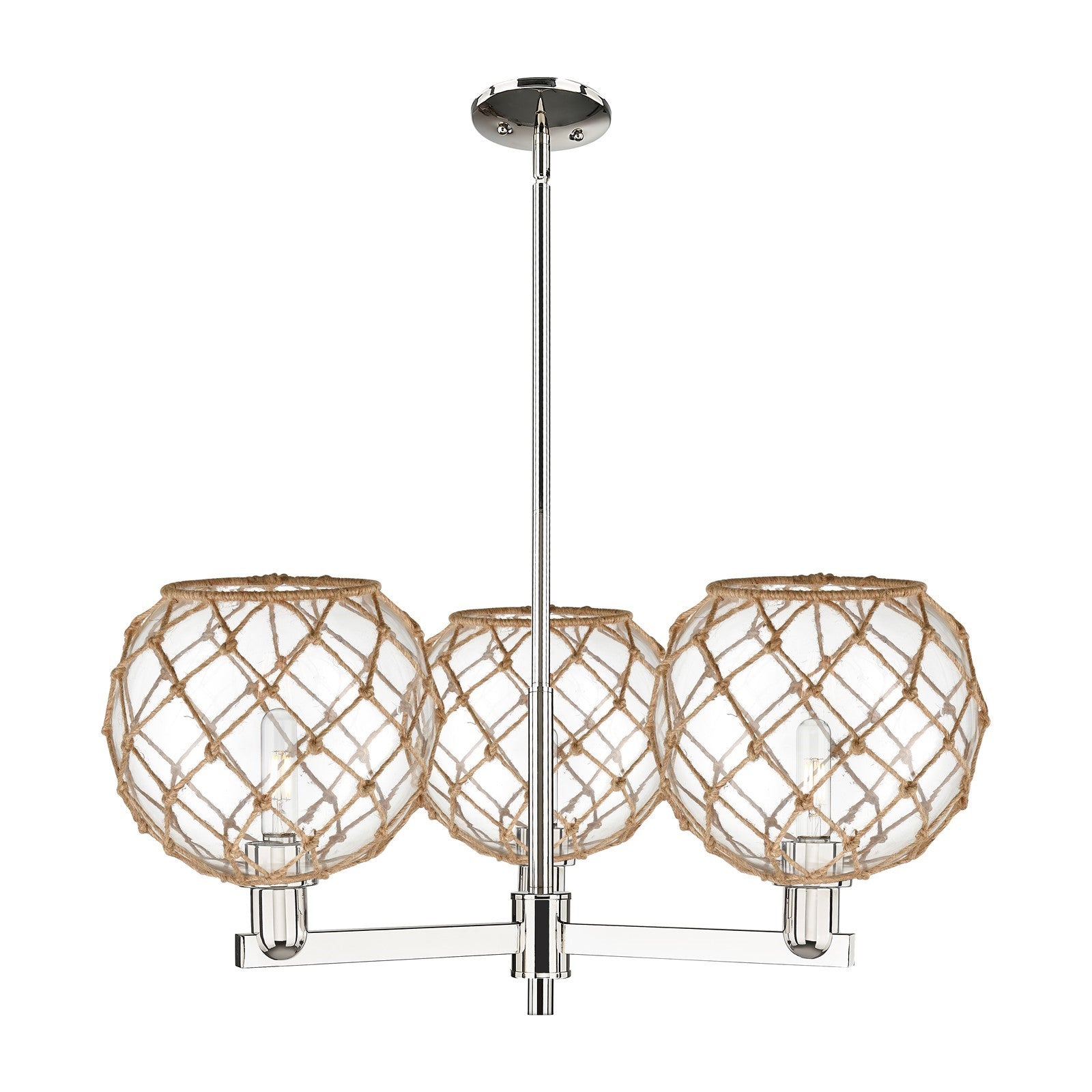 Innovations Farmhouse Rope 32in 3-Light Pendant | Industrial Polished Nickel and Clear Glass with Brown Rope | Kitchen Island | Model 716-3CR-PN-G122-10RB
