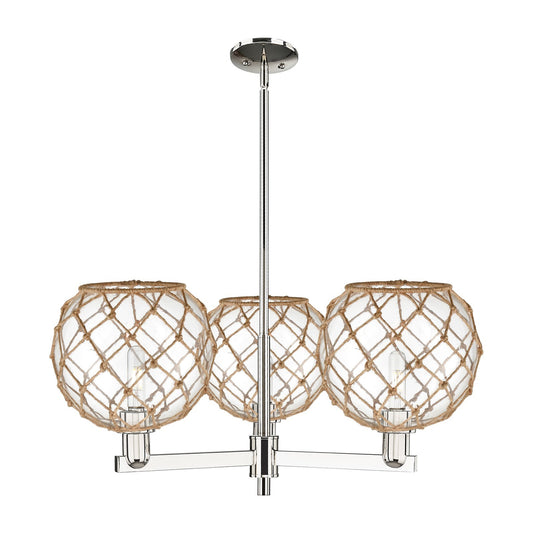 Innovations Farmhouse Rope 32in 3-Light Pendant | Industrial Polished Nickel and Clear Glass with Brown Rope | Kitchen Island | Model 716-3CR-PN-G122-10RB